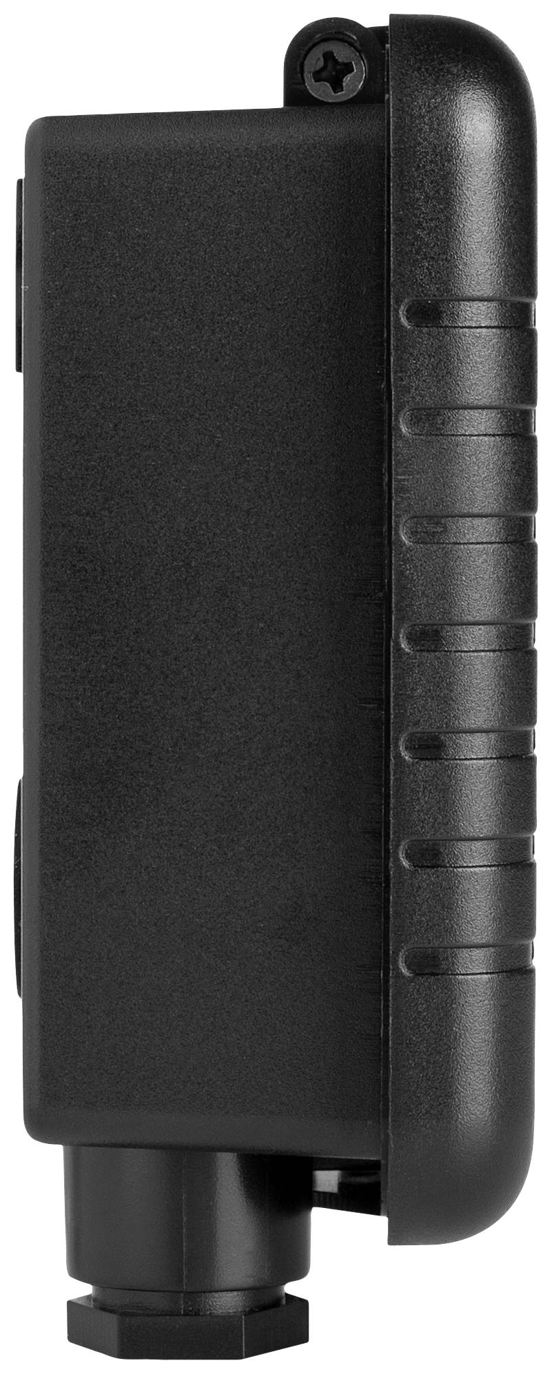 Dispositif noir rectangulaire avec une poignée texturée, vue de côté. Adapté pour des applications industrielles.