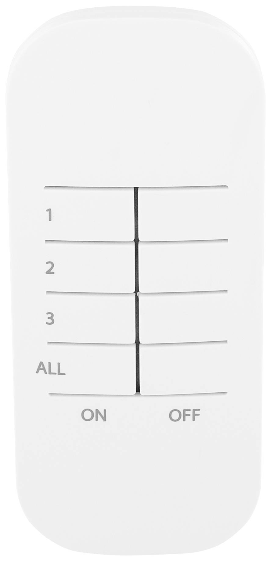 Un interrupteur blanc de télécommande avec cinq touches disposées en deux colonnes : '1', '2', '3', 'TOUT', et en bas 'MARCHE' et 'ARRÊT'.