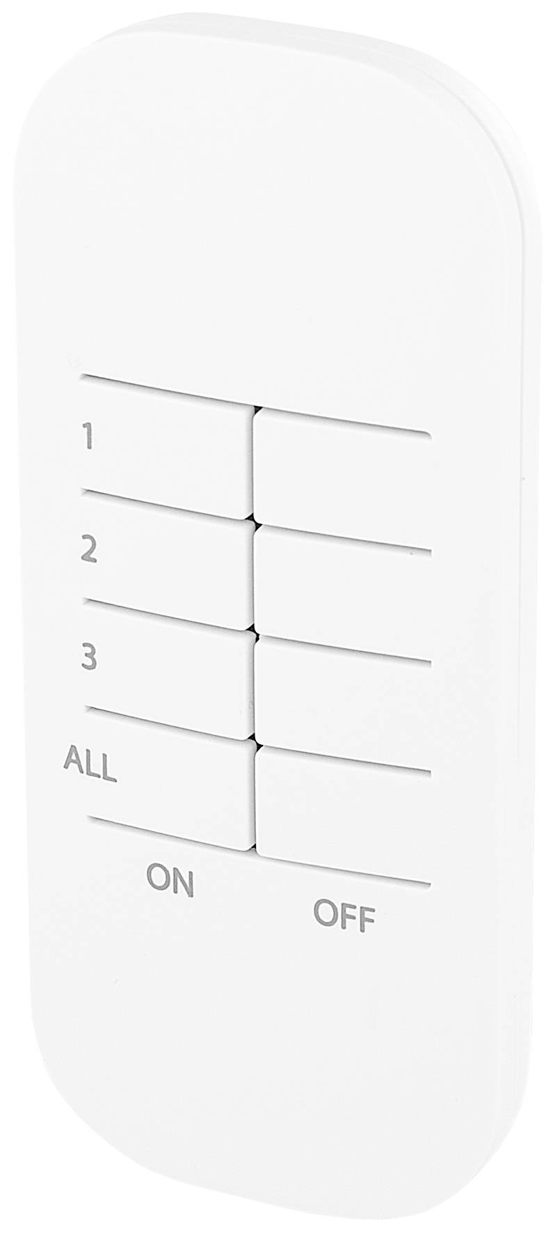 Télécommande blanche avec six touches étiquetées '1', '2', '3', 'ALL', 'ON', 'OFF'.