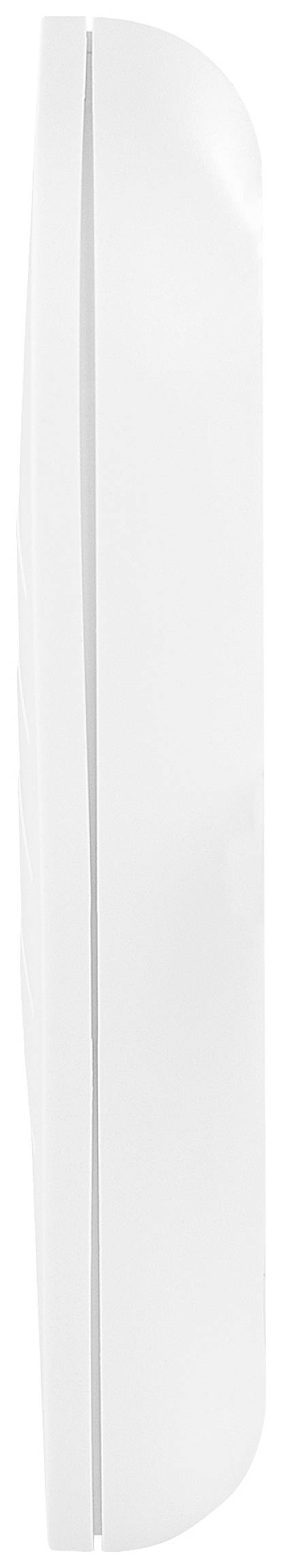 Vue latérale d'un objet blanc et fin aux bords arrondis, probablement un appareil technologique ou électronique.