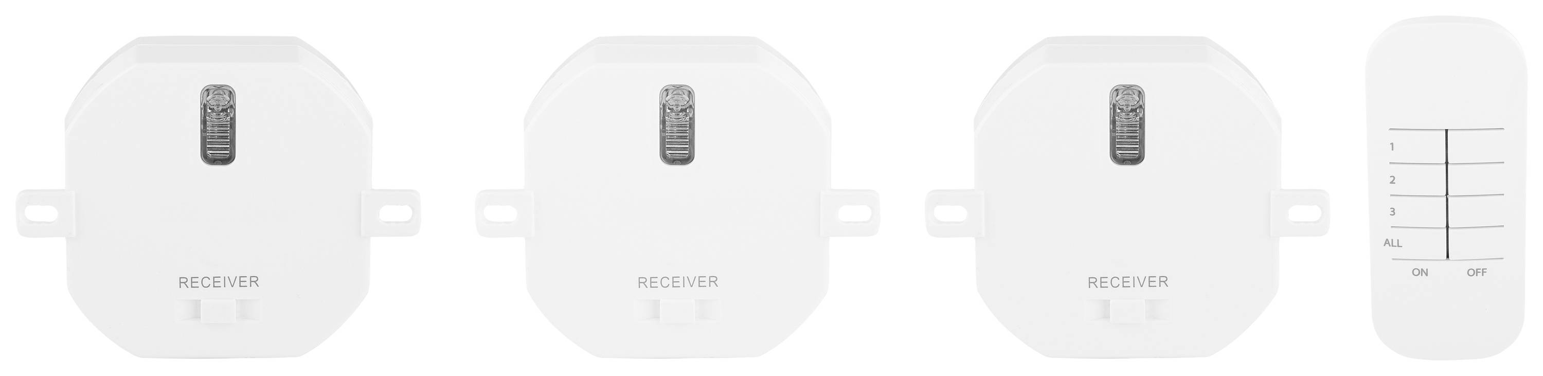 Trois récepteurs blancs et une télécommande à quatre touches. Les récepteurs sont étiquetés « RECEIVER ».