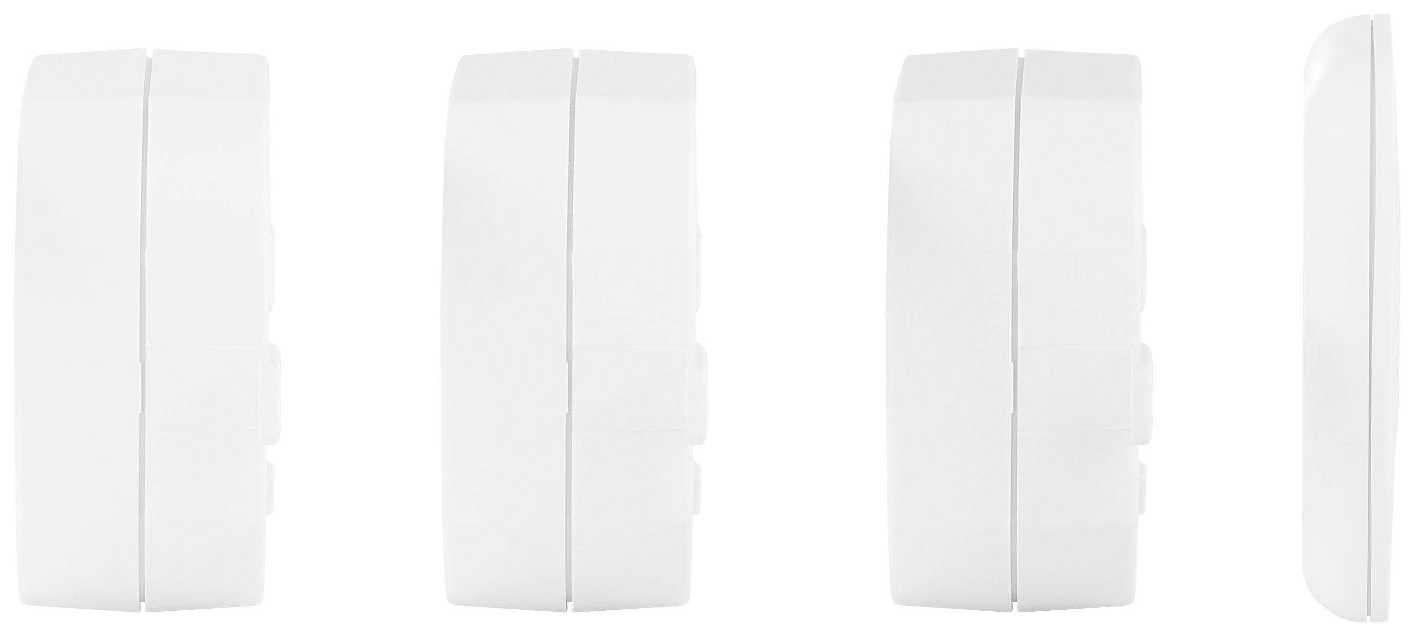 Quatre appareils blancs rectangulaires côte à côte, vus de profil. Ils sont identiques et montrent différents angles.