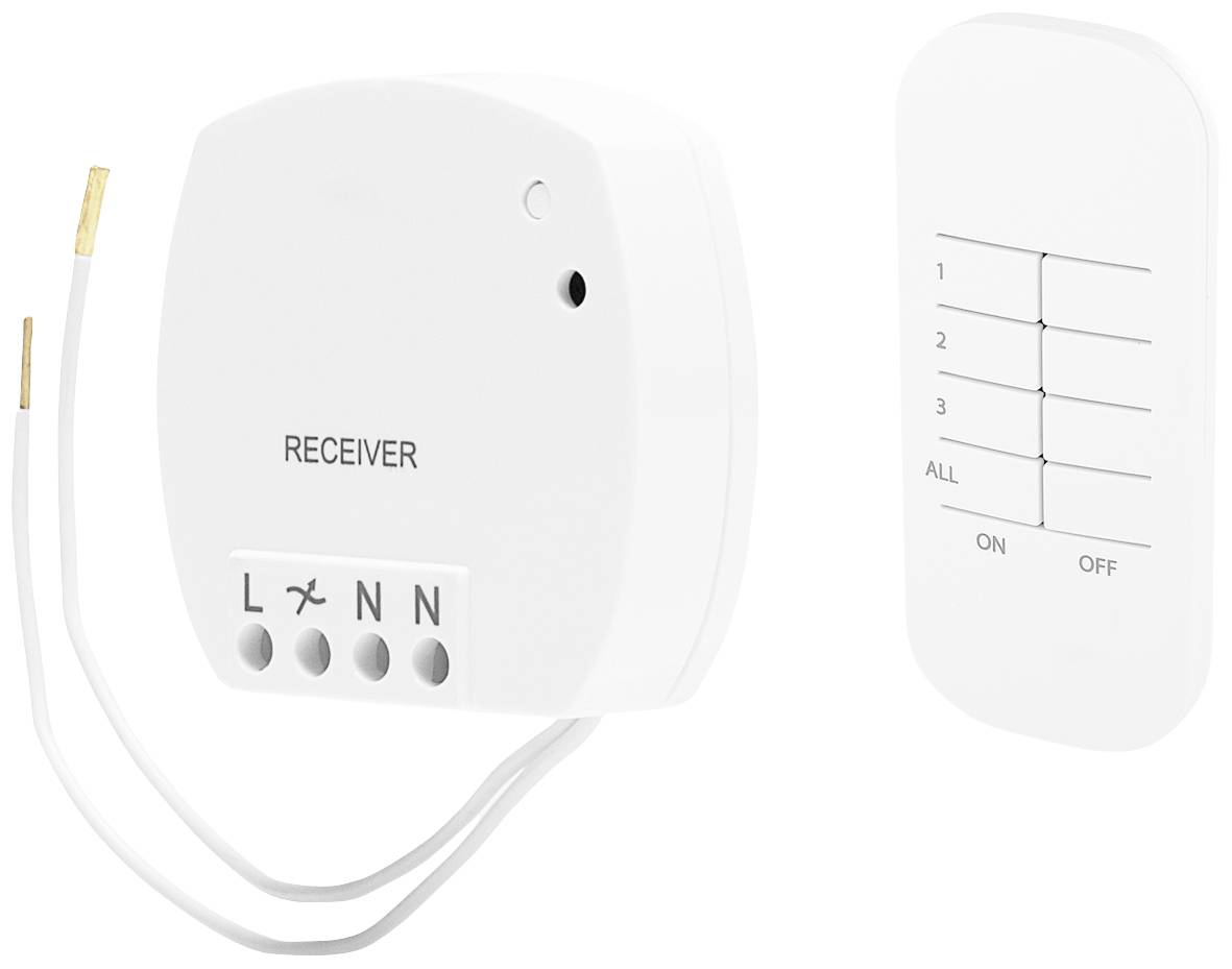 Un récepteur blanc avec des bornes de connexion et des câbles, à côté d'une télécommande comportant des touches '1' à '4', 'ALL', 'ON' et 'OFF'.