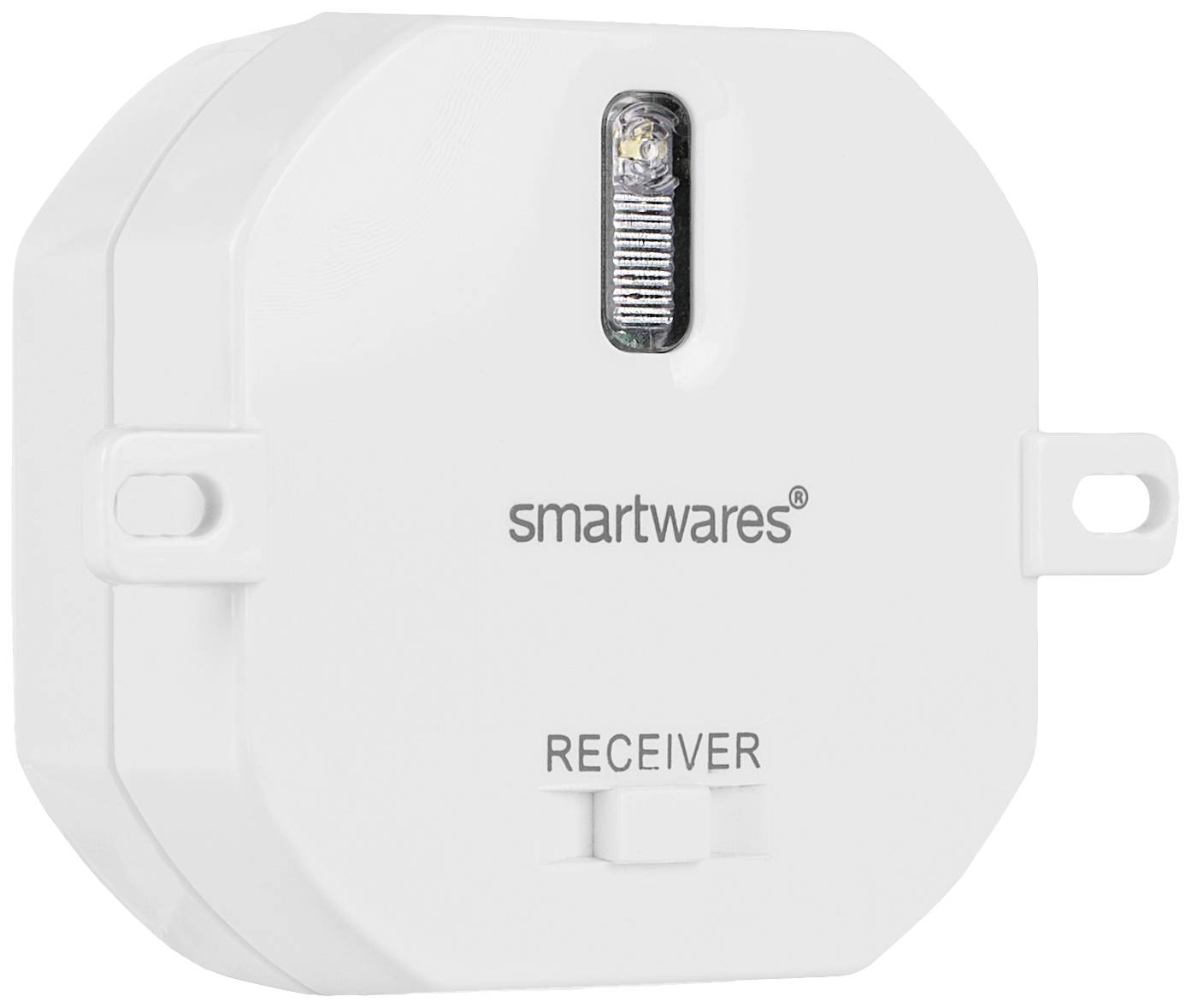 Un récepteur Smartwares blanc avec deux œillets de fixation latéraux et un témoin lumineux supérieur.