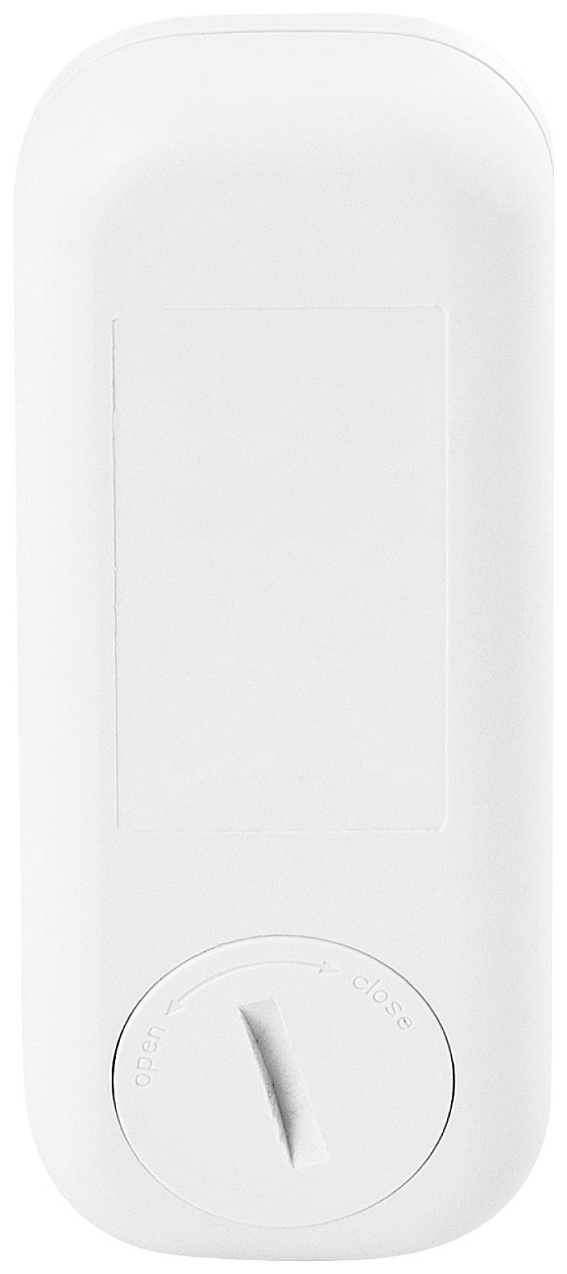 Un thermostat blanc rectangulaire avec un bouton rotatif à sa base, portant les indications « open » et « close » pour le réglage.