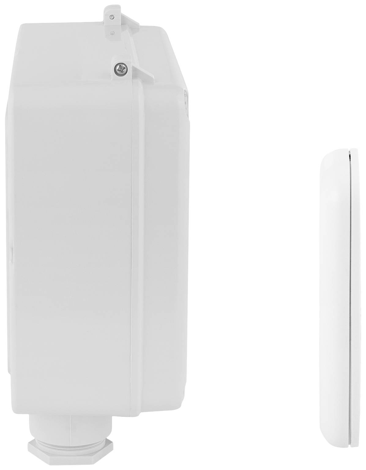 Un boîtier blanc rectangulaire avec un profil latéral. À côté, un objet plus étroit et lisse, également en blanc.