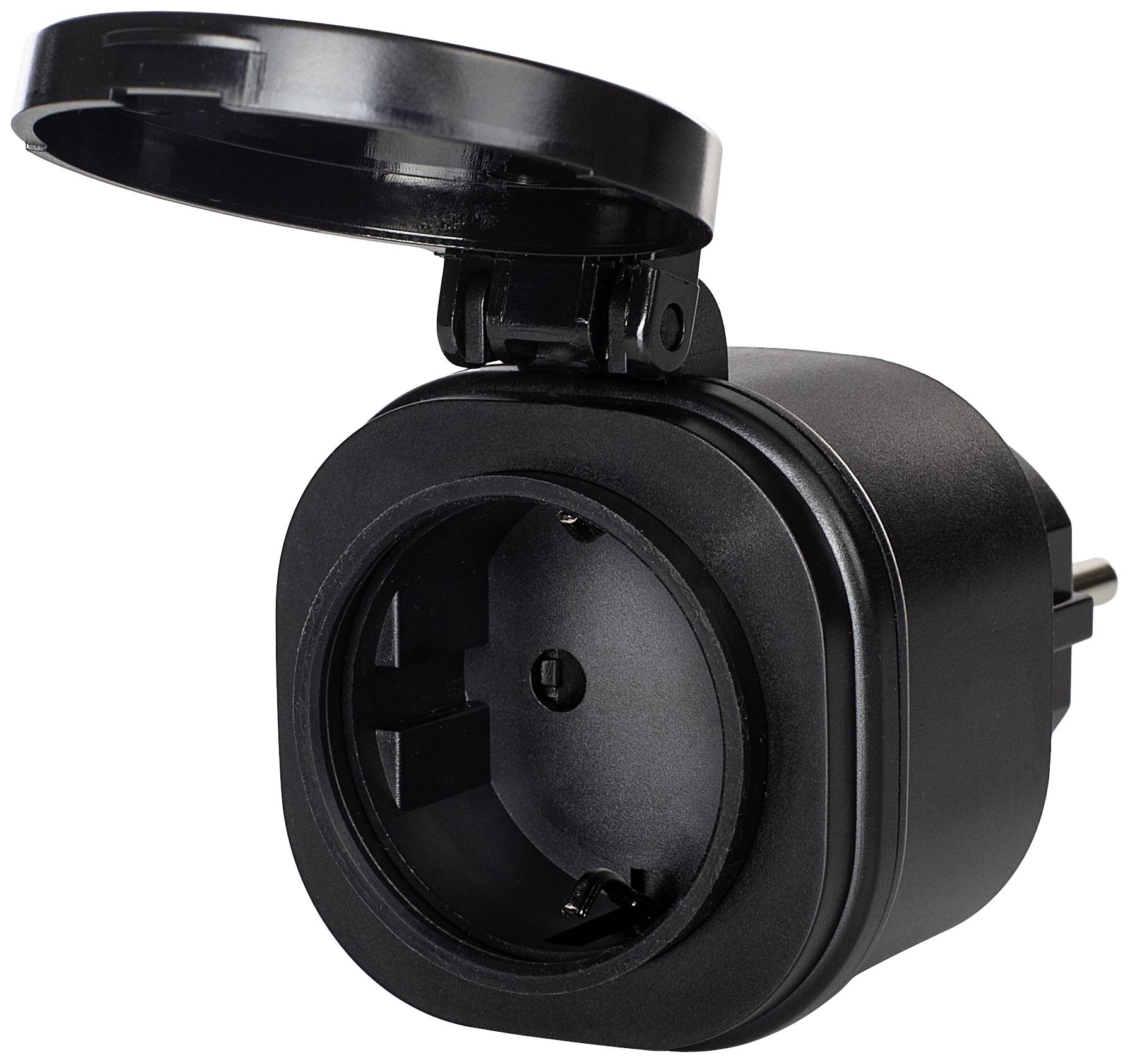 Prise électrique noire avec couvercle rabattable ouvert, adaptée pour une utilisation en extérieur.