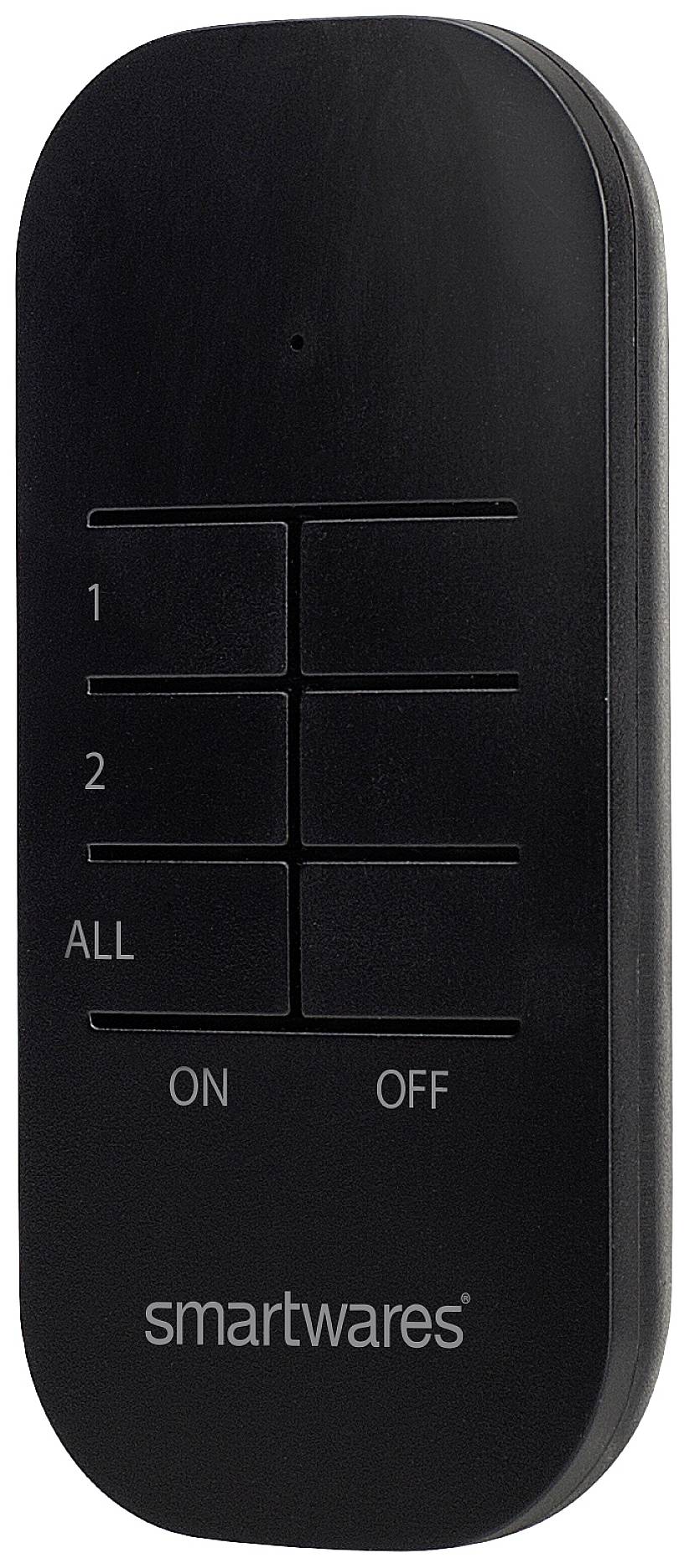Télécommande noire à six touches : deux numérotées ('1', '2'), une pour toutes les fonctions ('ALL'), 'ON' et 'OFF', logo 'smartwares' en bas.