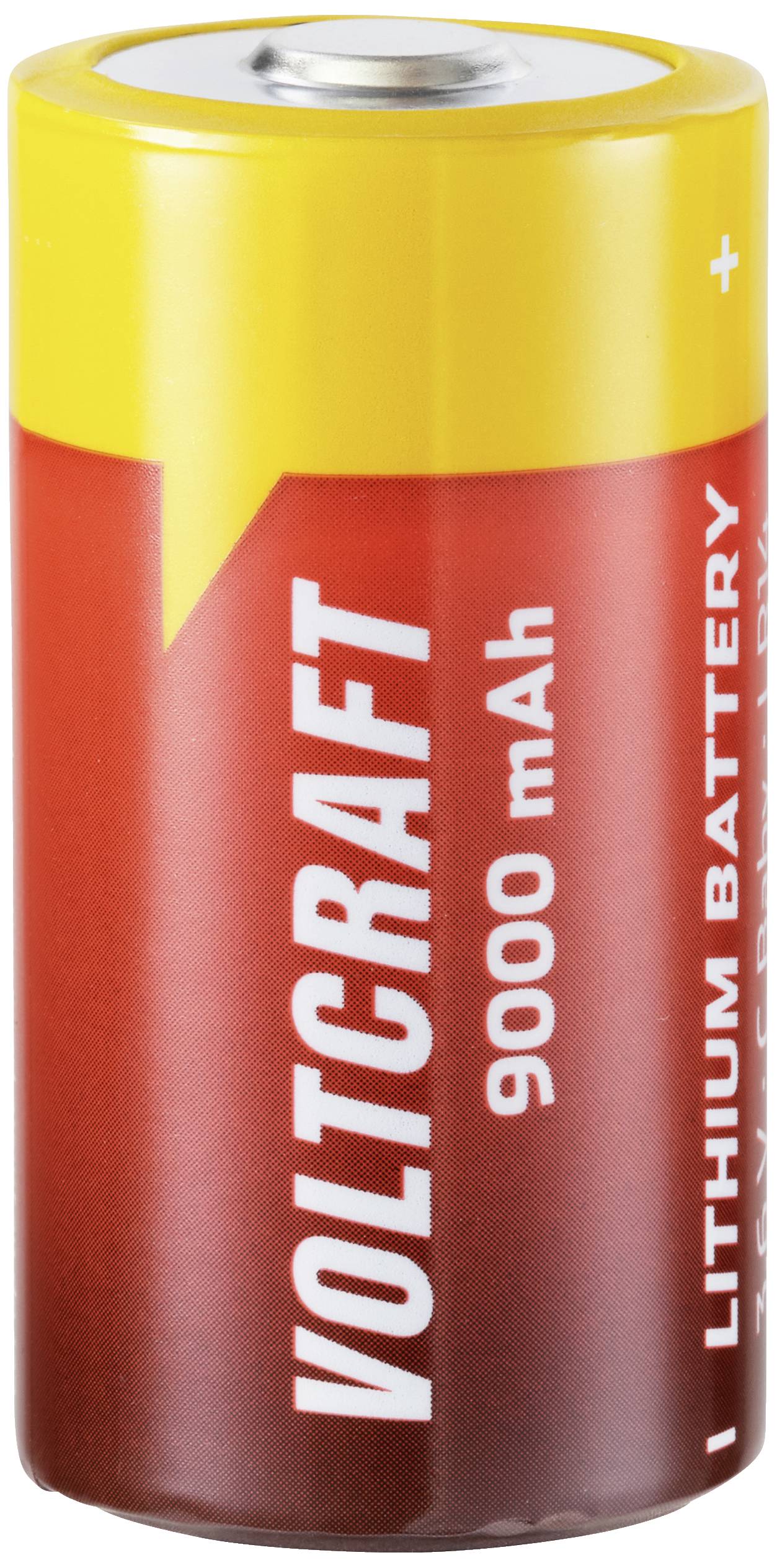 Batterie lithium au design jaune et rouge, marquée 'Voltcraft', d'une capacité de 9000 mAh, avec des symboles indiquant la polarité.