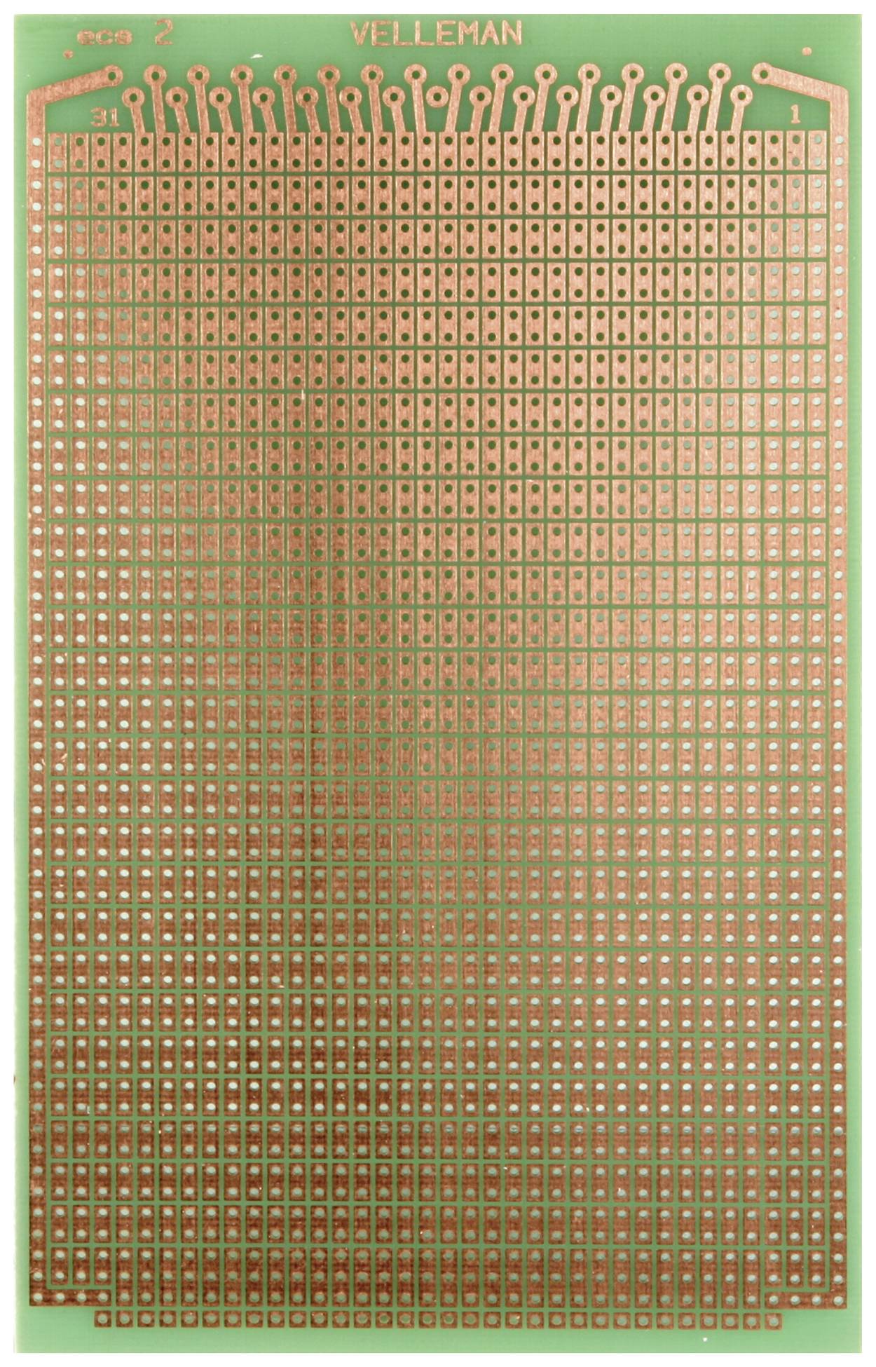 Carte de circuit imprimé 'Velleman' avec support vert et connexions en cuivre pour circuits électroniques. Structure de grille rectangulaire.