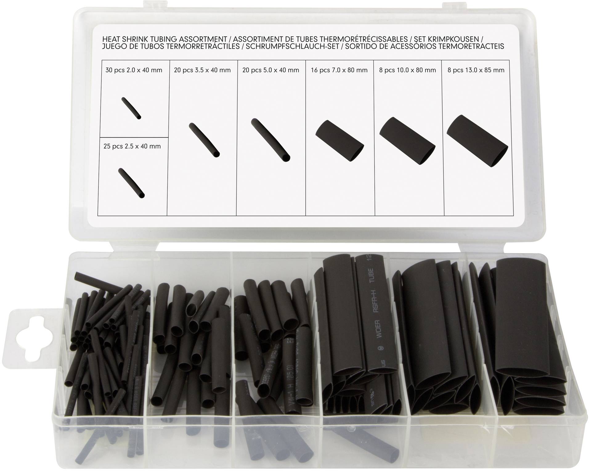 Assortiment de gaines thermorétractables en plastique noir de différentes tailles, rangées dans un boîtier en plastique transparent.