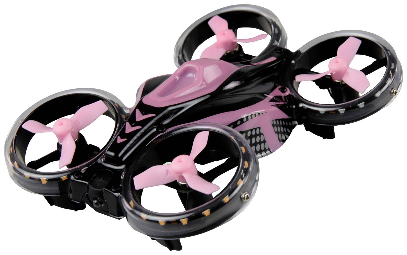 Un drone noir et rose à quatre hélices est visible en vue en perspective.