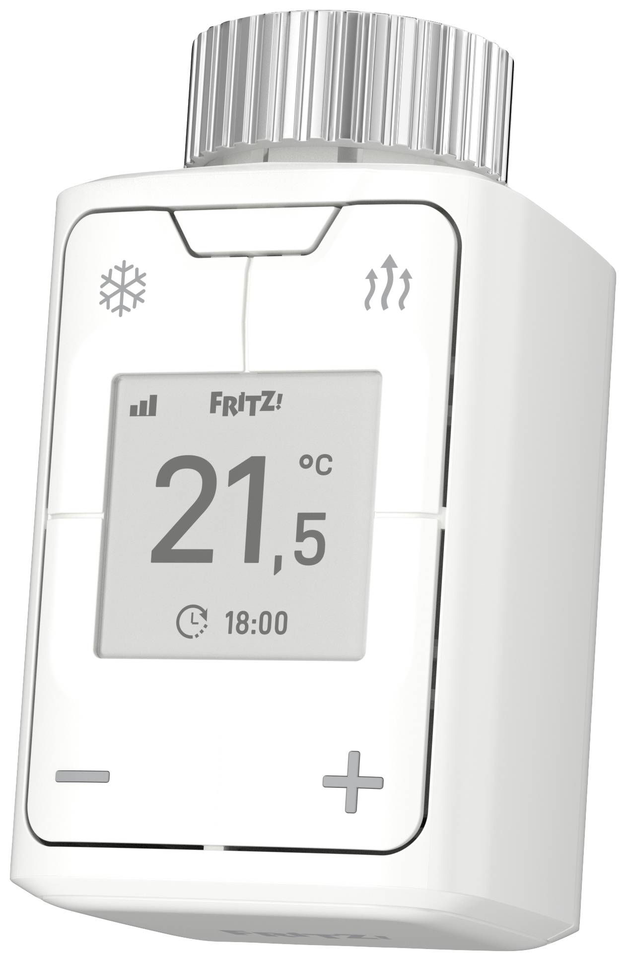Thermostat de radiateur intelligent avec écran affichant '21,5°C', le symbole de minuterie et le signal Wi-Fi. Commandes de l'appareil pour la régulation de la température.