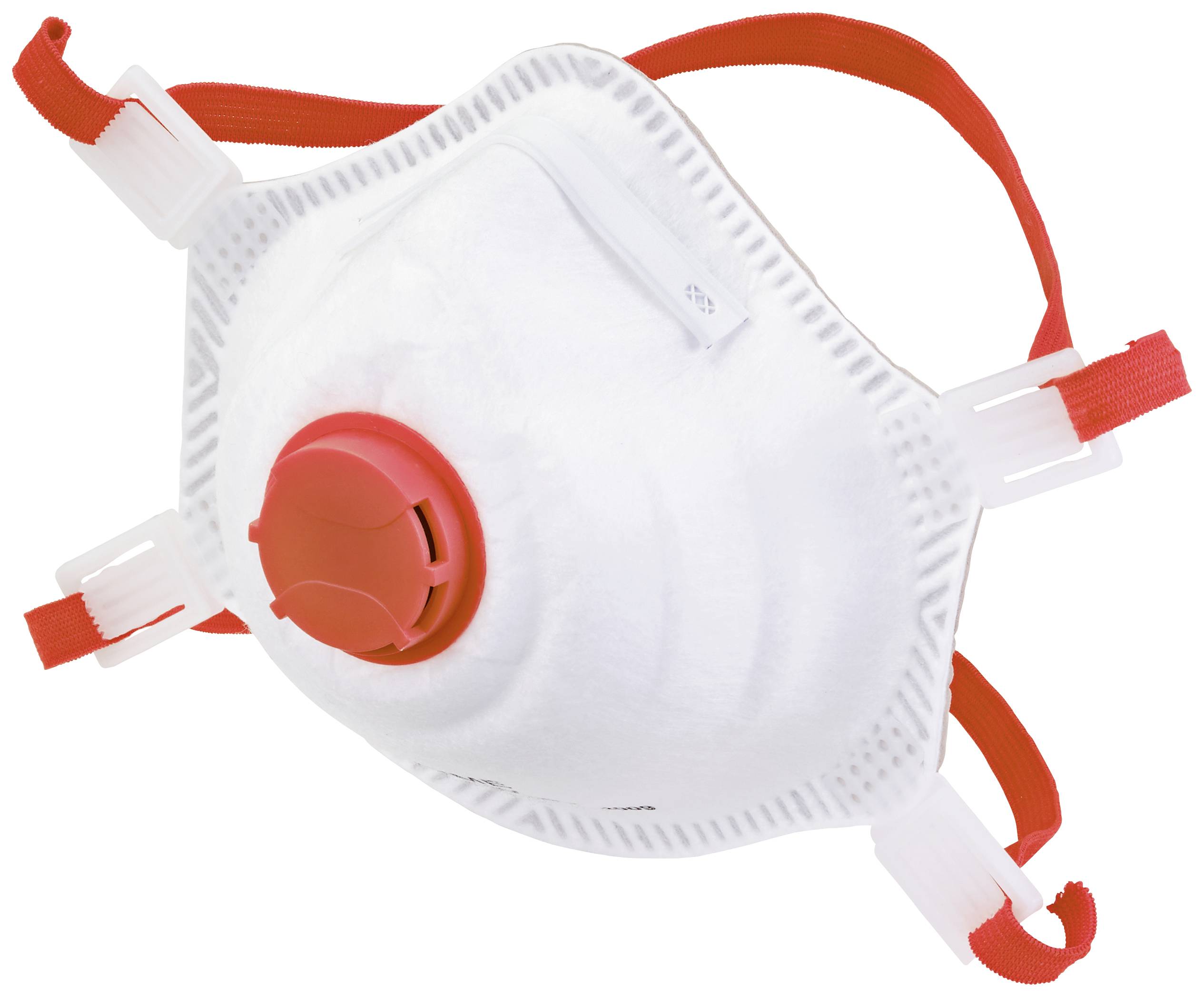 Masque respiratoire avec soupape et rubans rouges, adapté pour la protection contre les particules et les polluants.