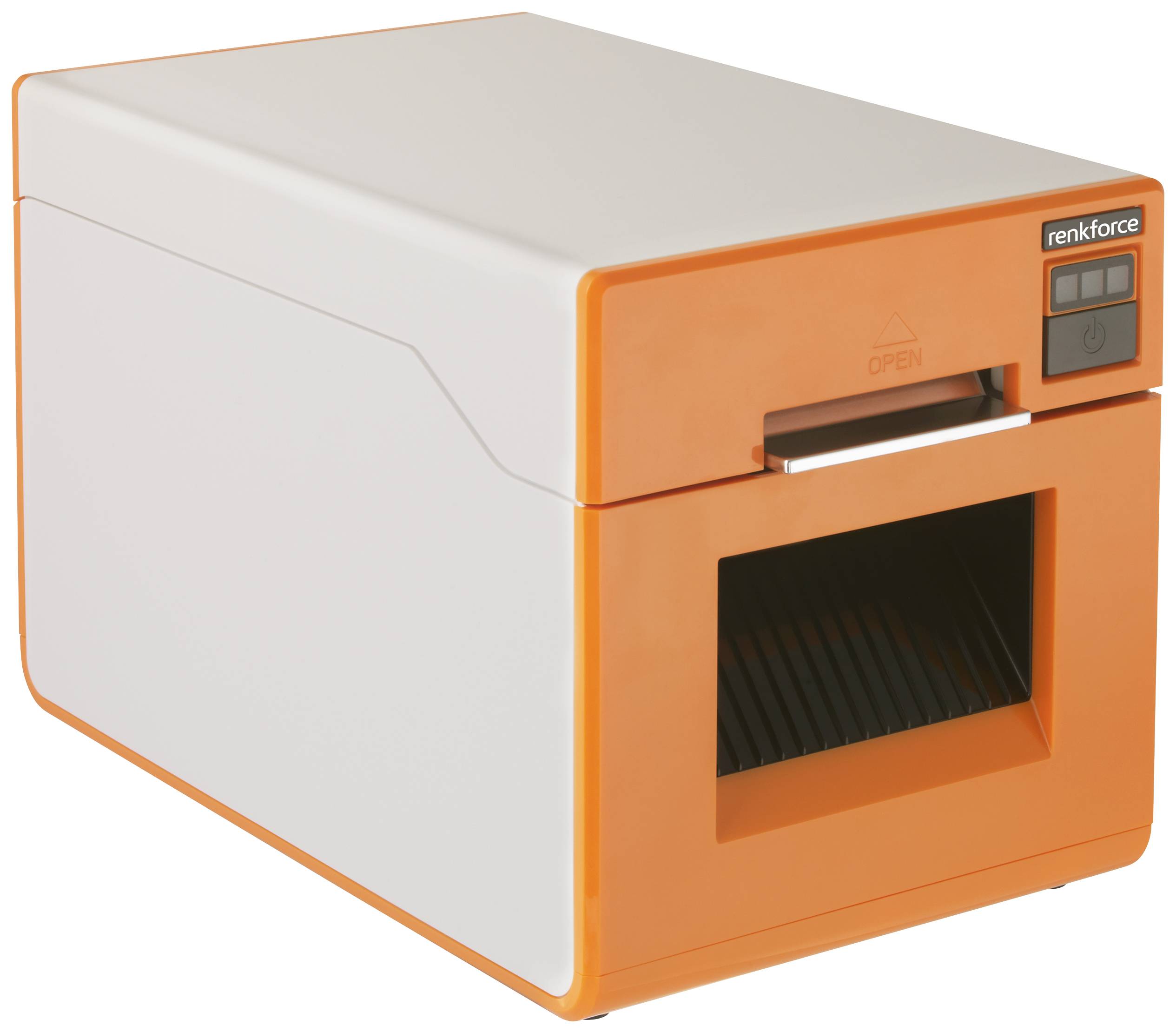 Un imprimante 3D Prusa compact orange et blanc sur fond blanc.