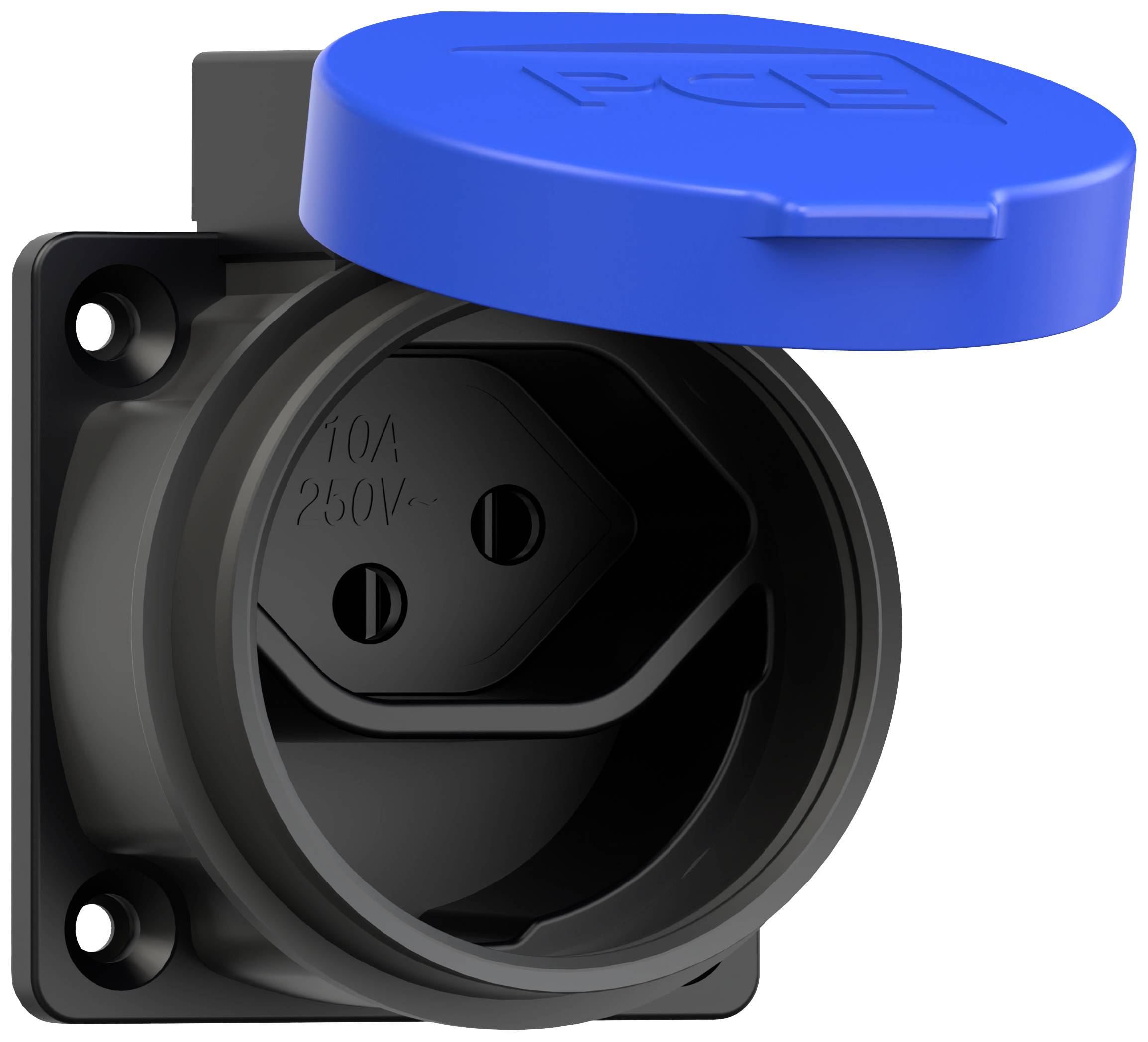 Prise électrique noire avec couvercle de protection bleu, adaptée pour 10A et 250V.