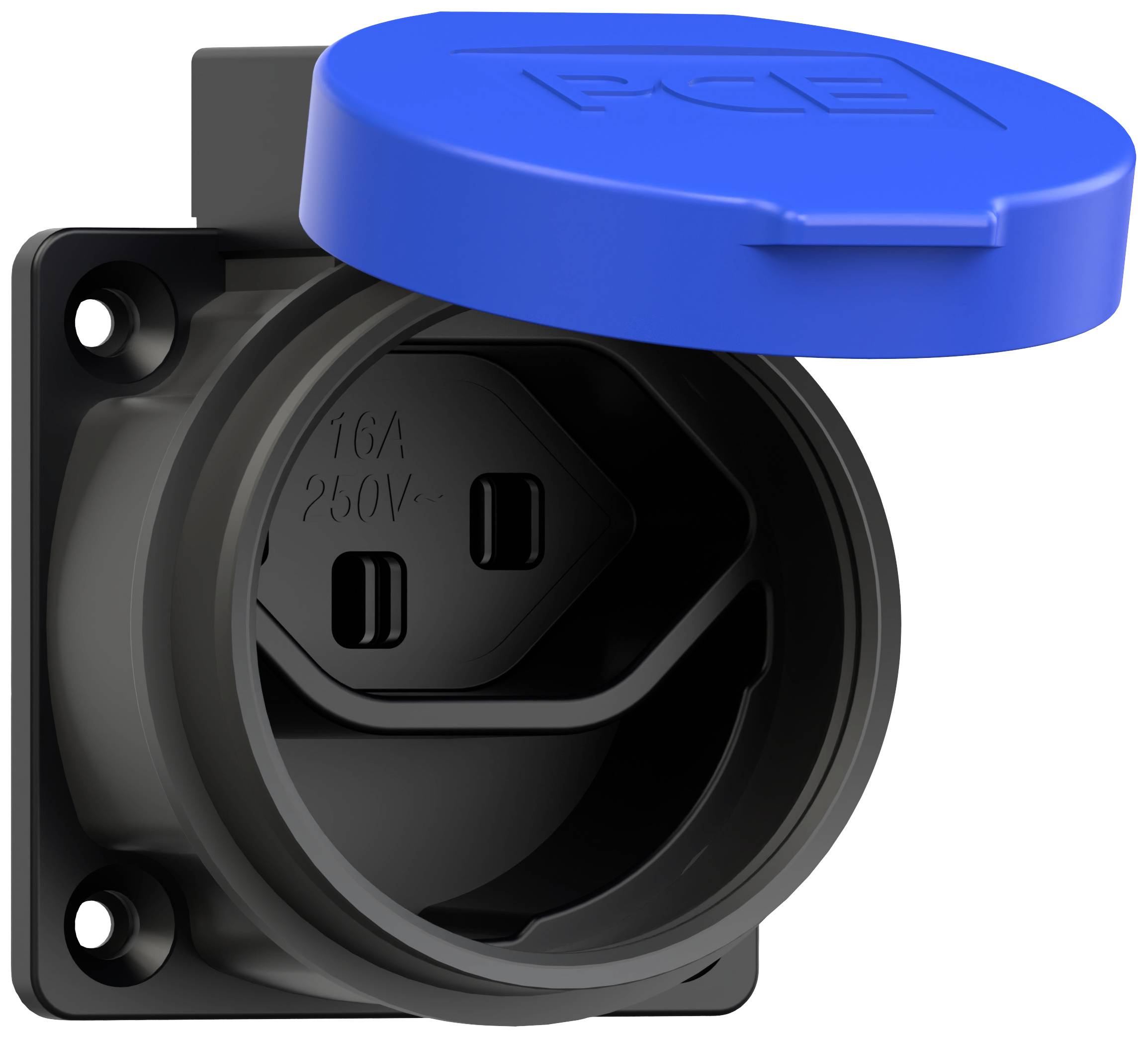 Une prise électrique noire avec un couvercle bleu portant l'inscription 'PCE', adaptée aux applications de 16A, 250V.