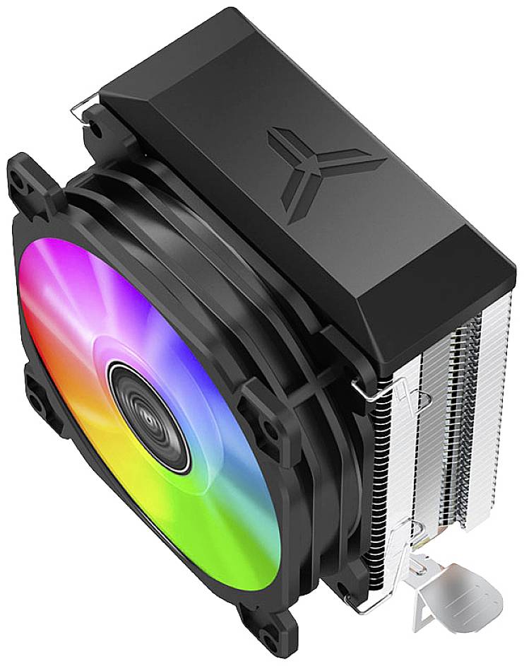 Dissipateur thermique avec deux ventilateurs illuminés aux couleurs de l'arc-en-ciel. Adapté pour le refroidissement de PC, avec un boîtier noir et des ailettes argentées.