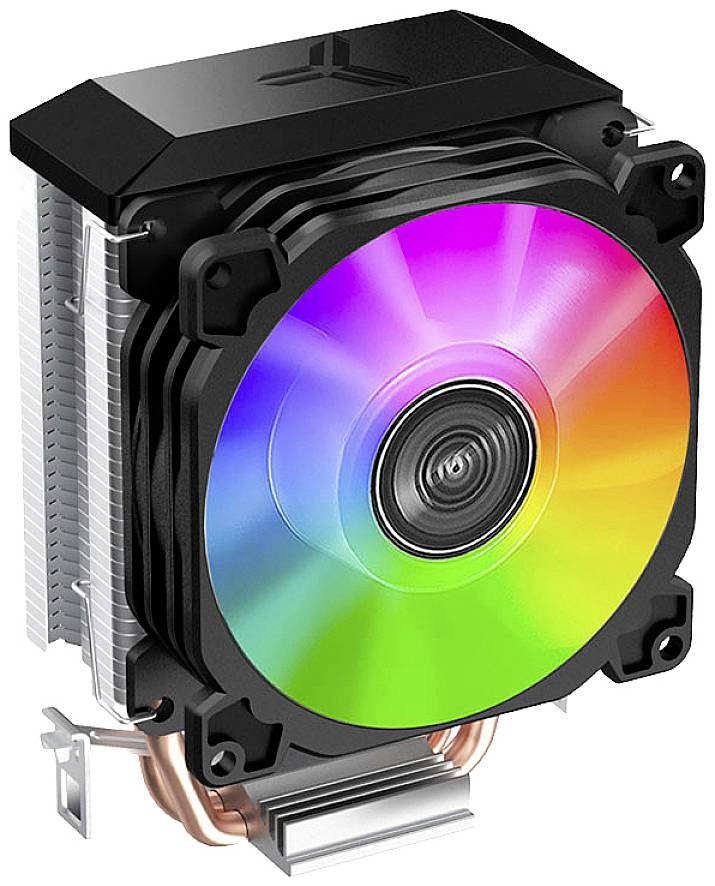 Refroidisseur à air avec ventilateur RGB aux couleurs arc-en-ciel et boîtier noir, adapté pour le refroidissement de composants informatiques.