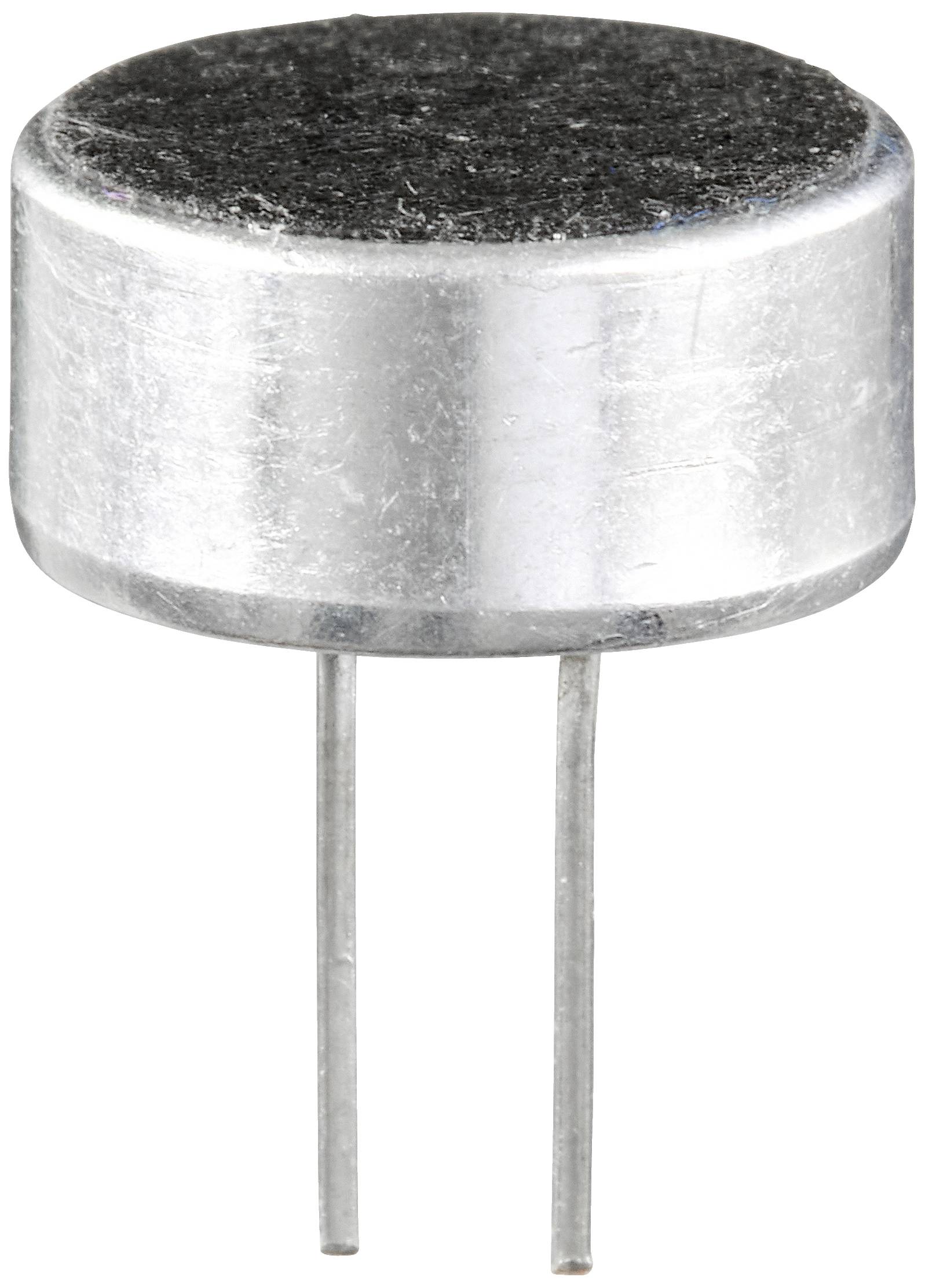 Un composant électronique cylindrique avec deux broches métalliques saillantes, probablement une capsule de microphone, sur un fond blanc.