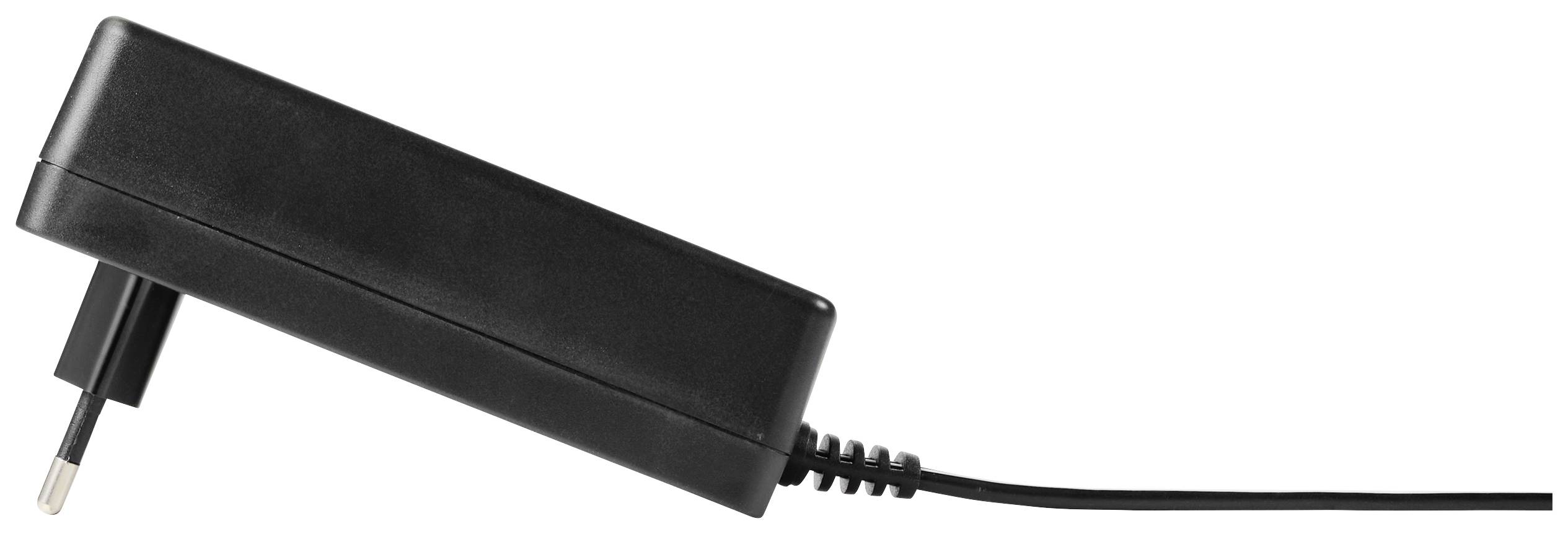 Adaptateur secteur noir avec câble, vue diagonale. Adapté pour charger des appareils électroniques.