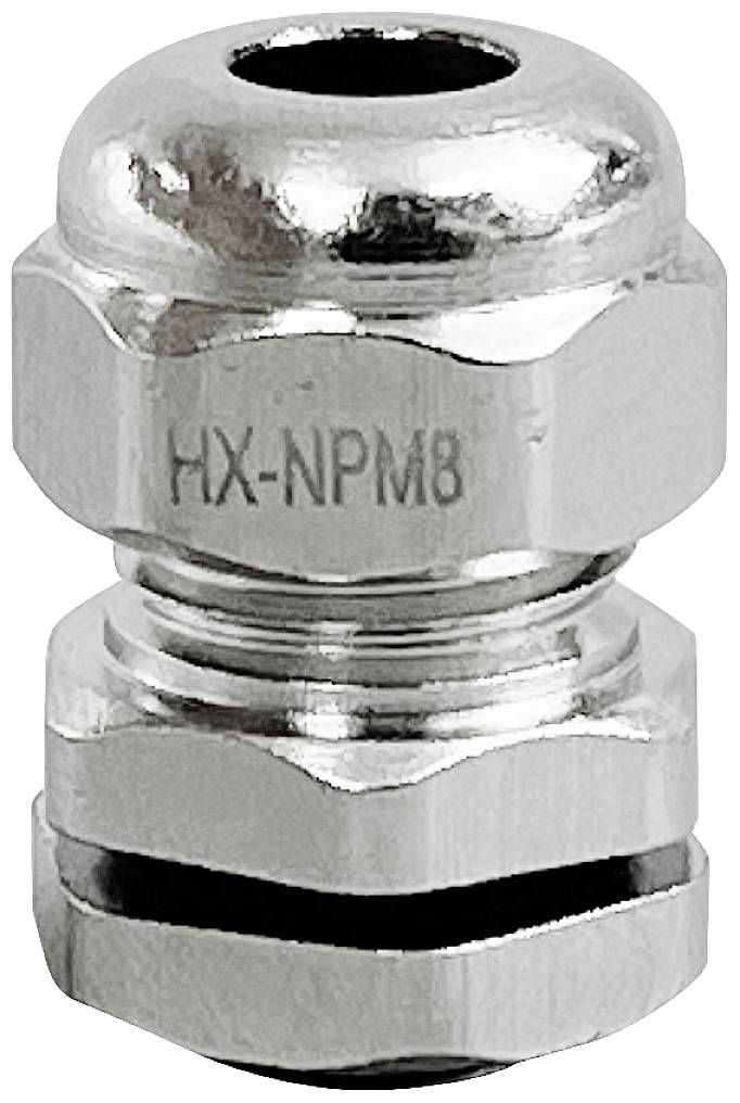 Un connecteur de câble métallique argenté portant l'inscription 'HX-NPM8', généralement utilisé pour la fixation de câbles dans des boîtiers électriques.
