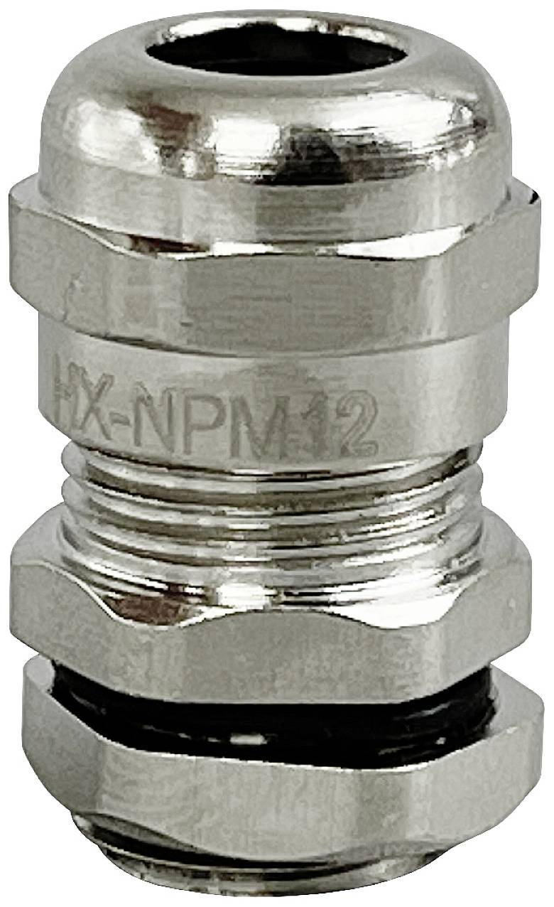 Un embout de presse-étoupe en métal argenté portant l'inscription 'HX-NPM12'. Il présente un design strié pour une meilleure prise en main.