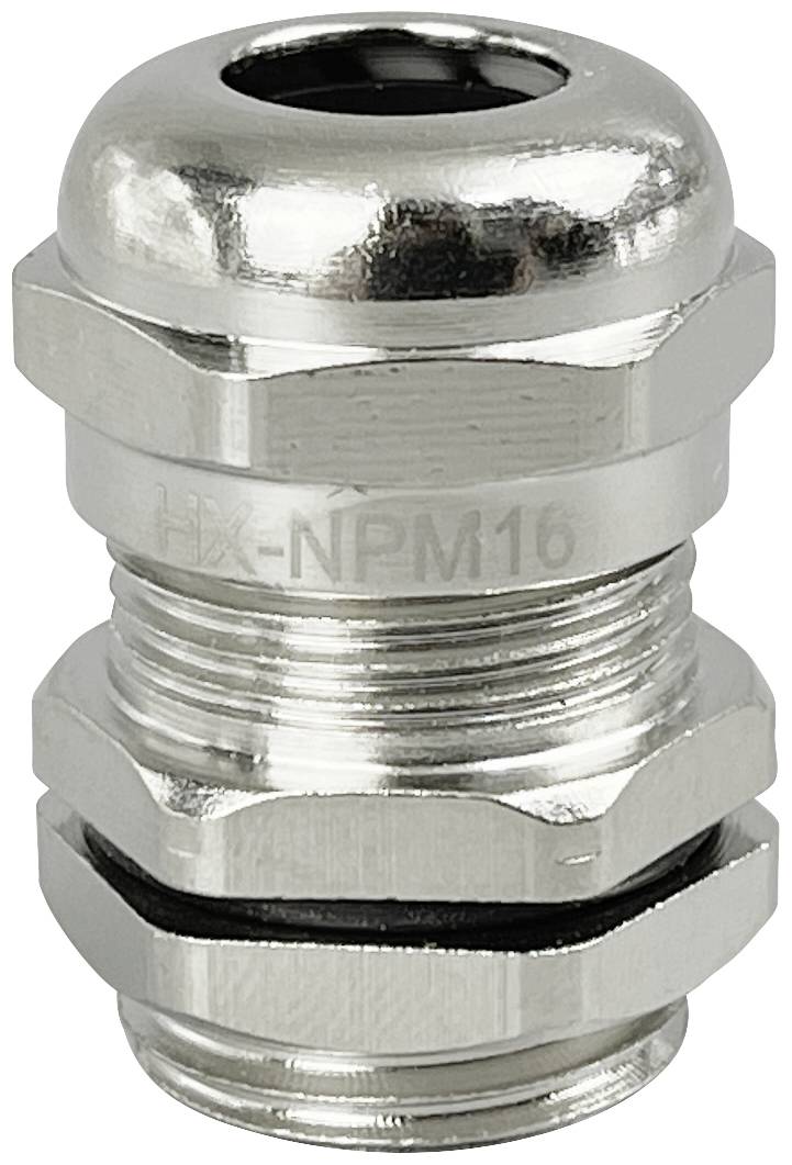 Presse-étoupe métallique, HX-NPM16, avec surface nickelée, adapté pour l'étanchéité et la fixation des câbles.