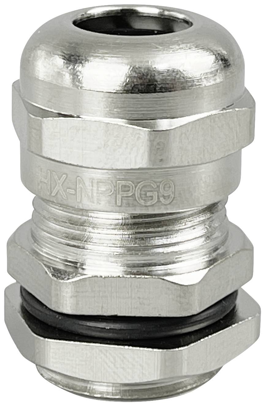 Presse-étoupe métallique en argent, marqué 'HX-NPPG9', conçu pour une fixation sécurisée des câbles. Adapté aux applications industrielles.