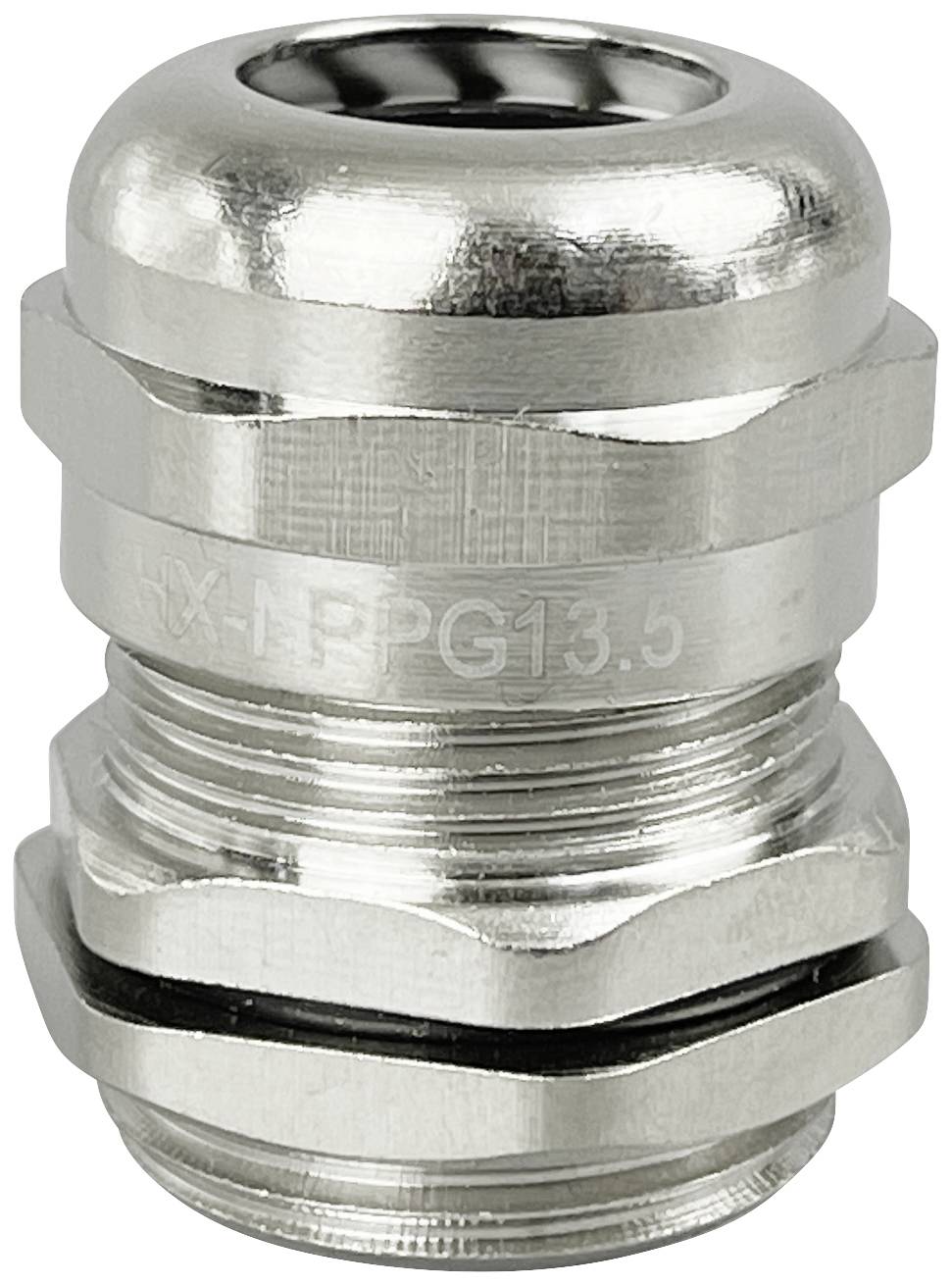 Presse-étoupe métallique avec filetage rainuré, forme cylindrique et surface brillante. Adapté pour la sécurisation de câbles.