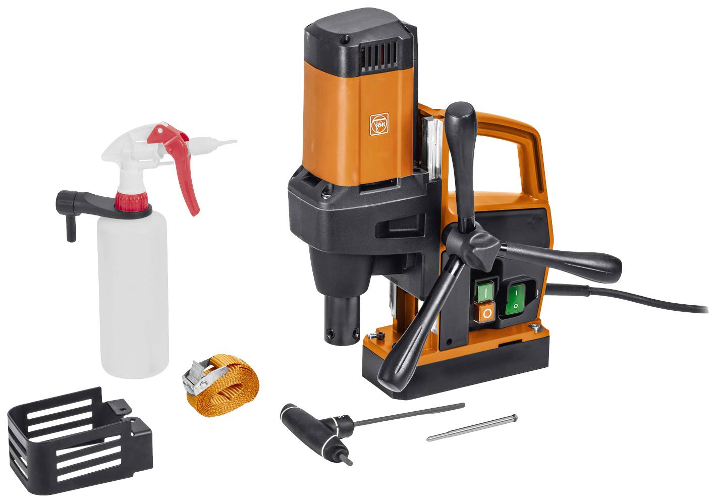 Machine de forage magnétique portable avec accessoires : flacon pulvérisateur, levier, dispositif de serrage et sangle de sécurité. Idéale pour le perçage précis sur surfaces métalliques.