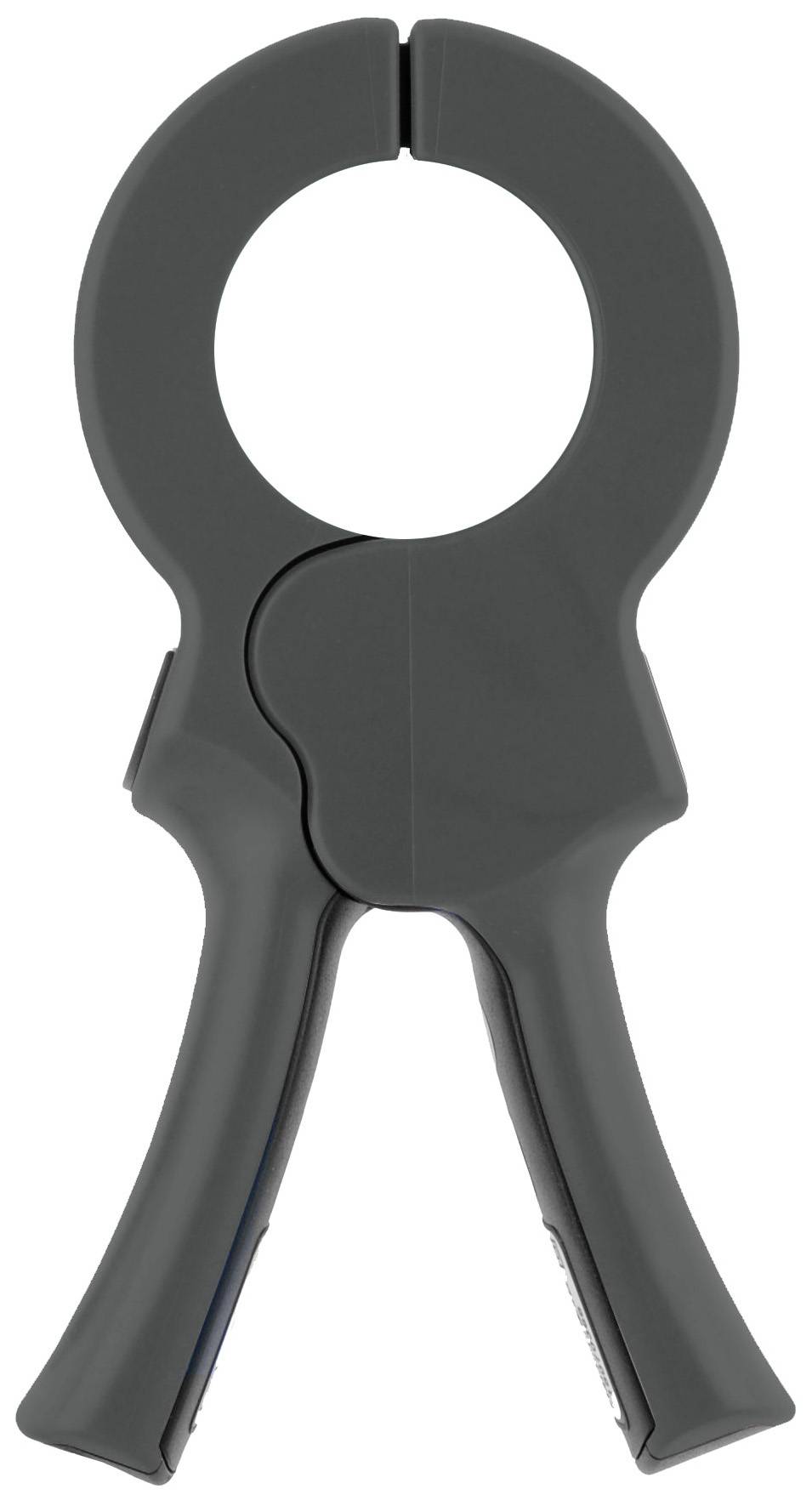 Un clip en plastique noir avec deux poignées et une ouverture circulaire en haut ; adapté pour les câbles ou les objets.