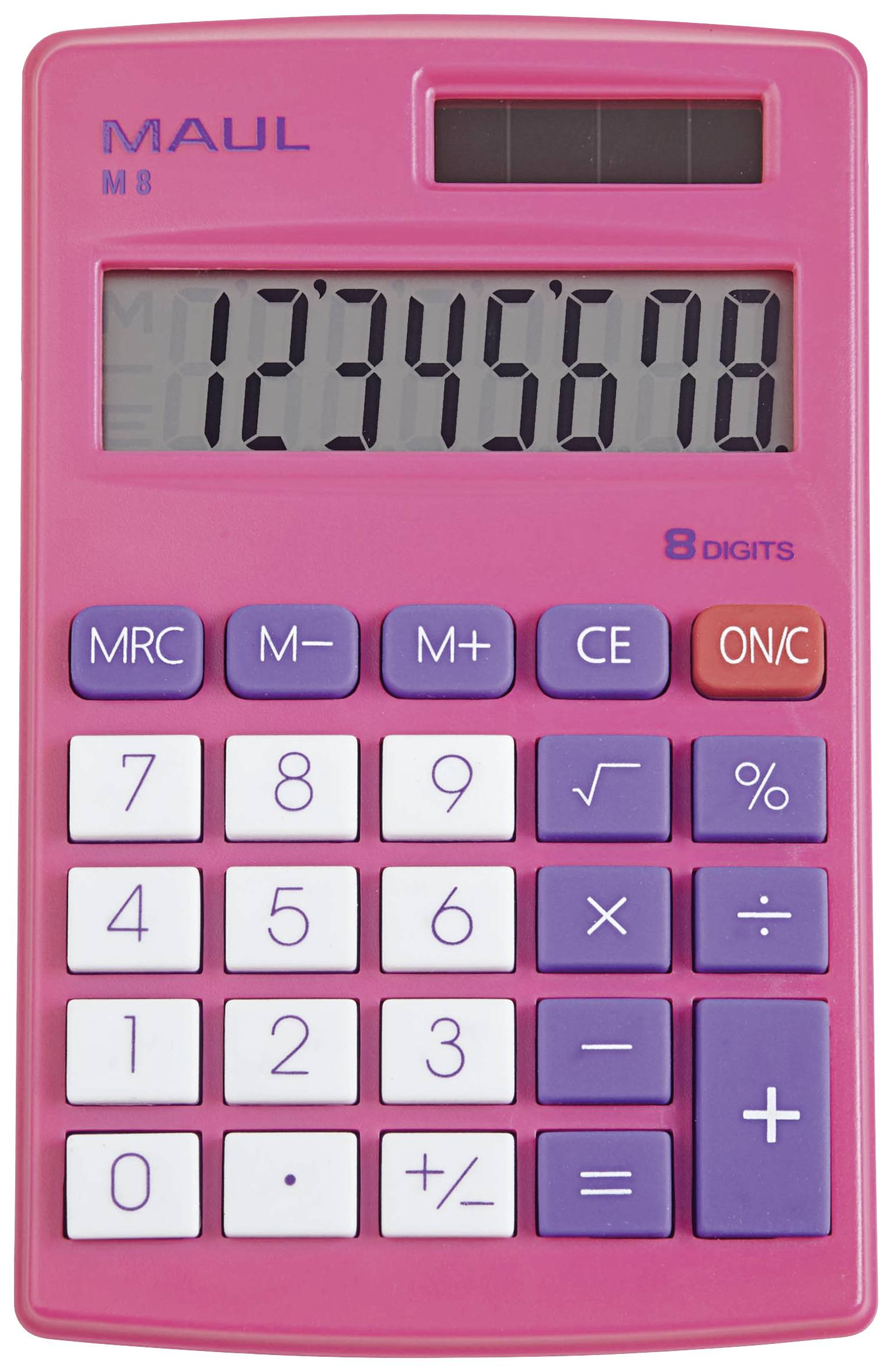 Une calculatrice rose avec alimentation solaire, affichant la séquence de chiffres '12345678' sur son écran. Touches en violet et blanc.
