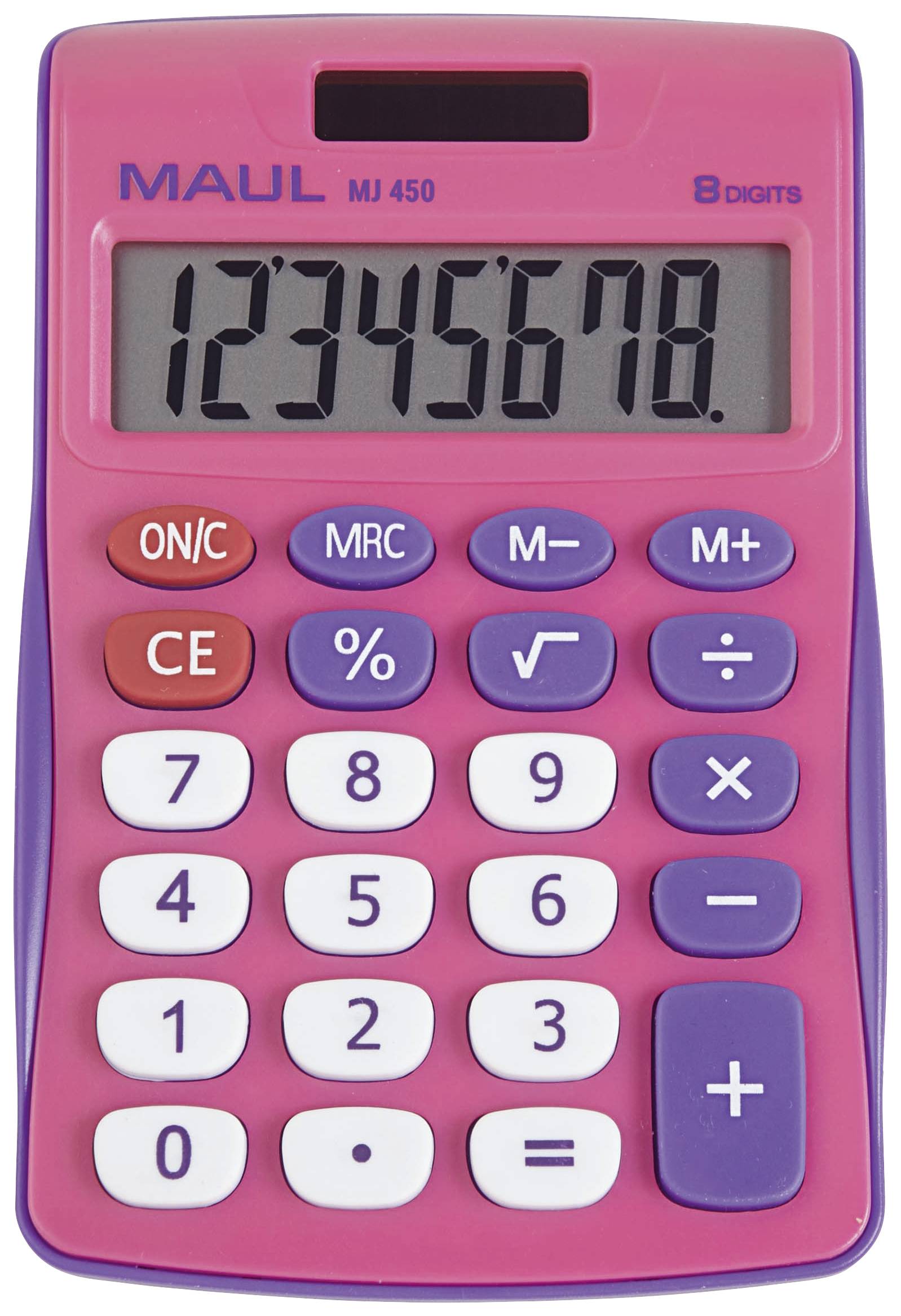 Calculatrice rose avec des touches violettes et blanches. L'affichage montre '12345678'.