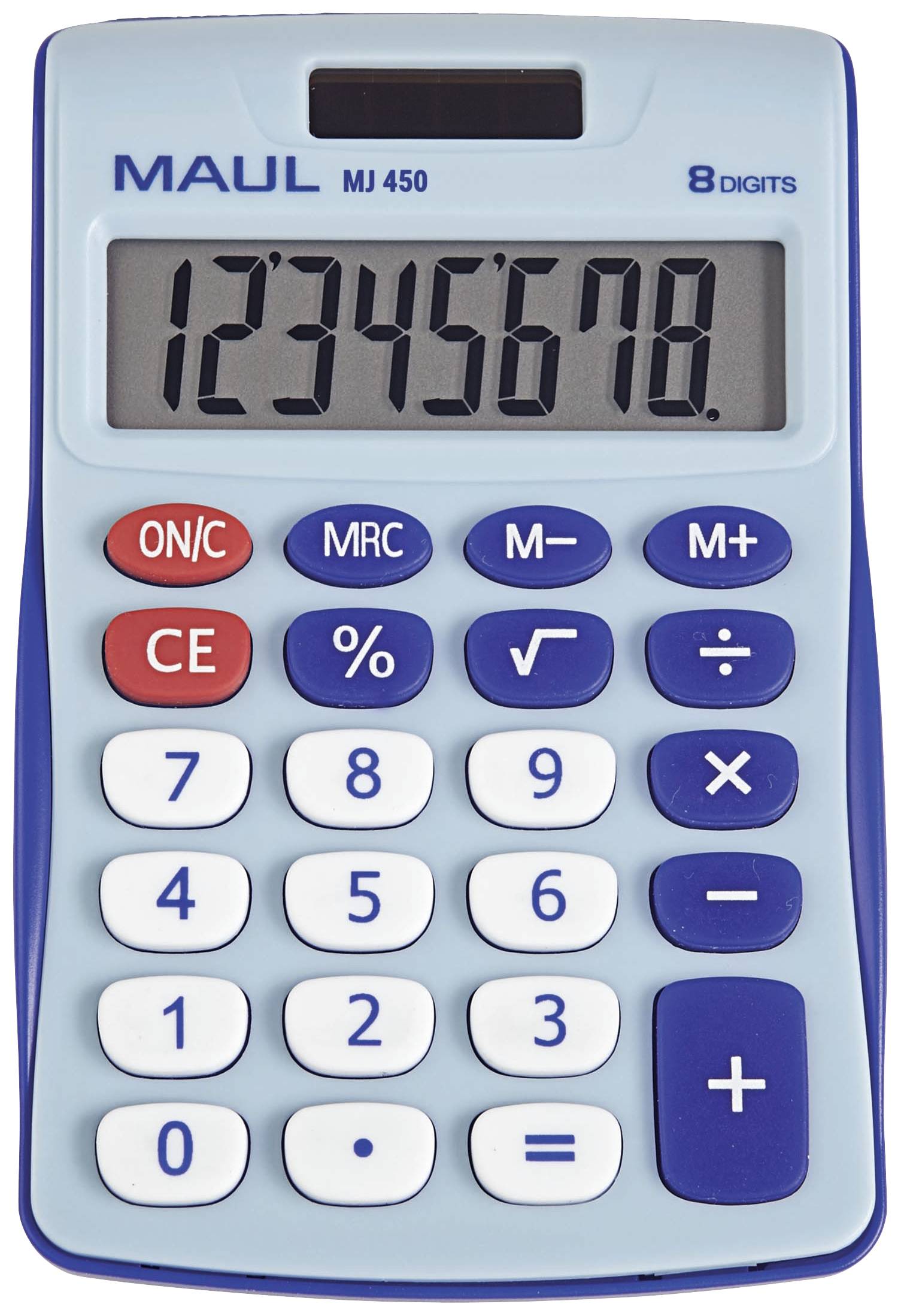 Calculatrice bleue avec affichage numérique montrant '12345678'. Touches rectangulaires comprenant des chiffres et des touches de fonction comme +, -, CE.