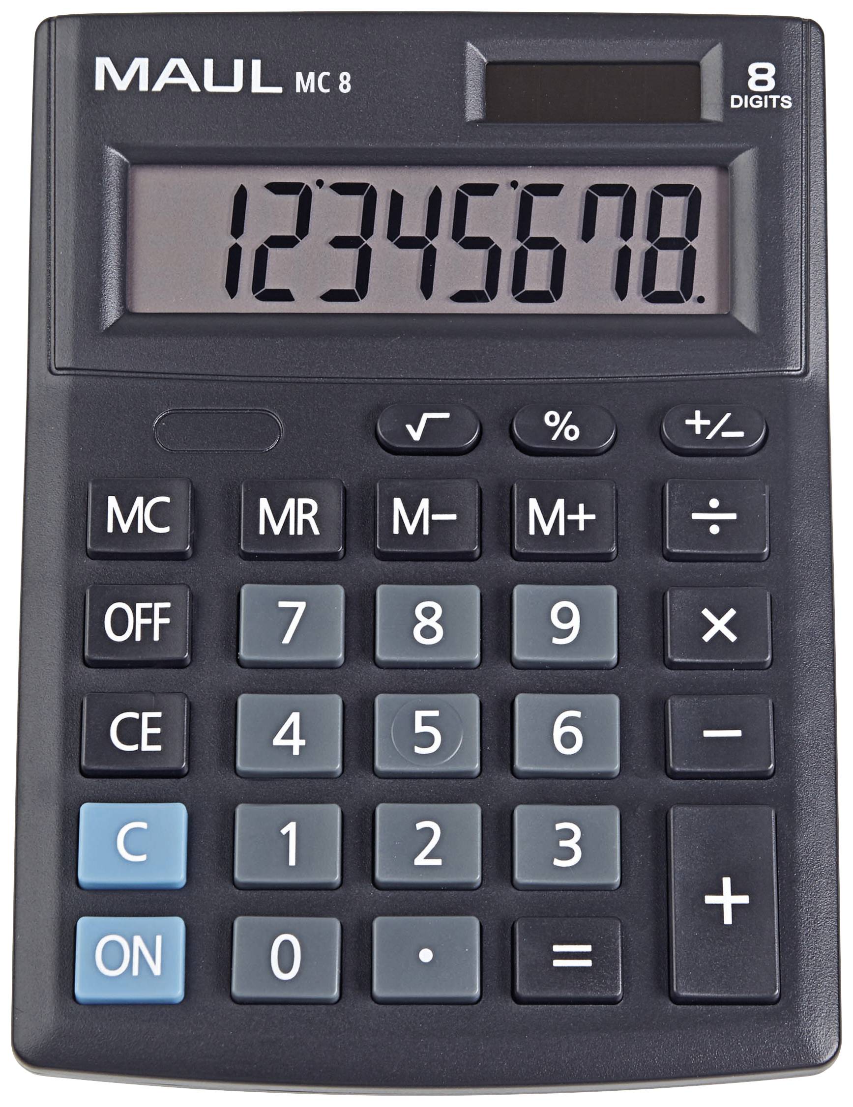 Une calculatrice avec un écran affichant '12345678'. L'appareil dispose de plusieurs touches de fonction et est conçu pour afficher 8 chiffres.