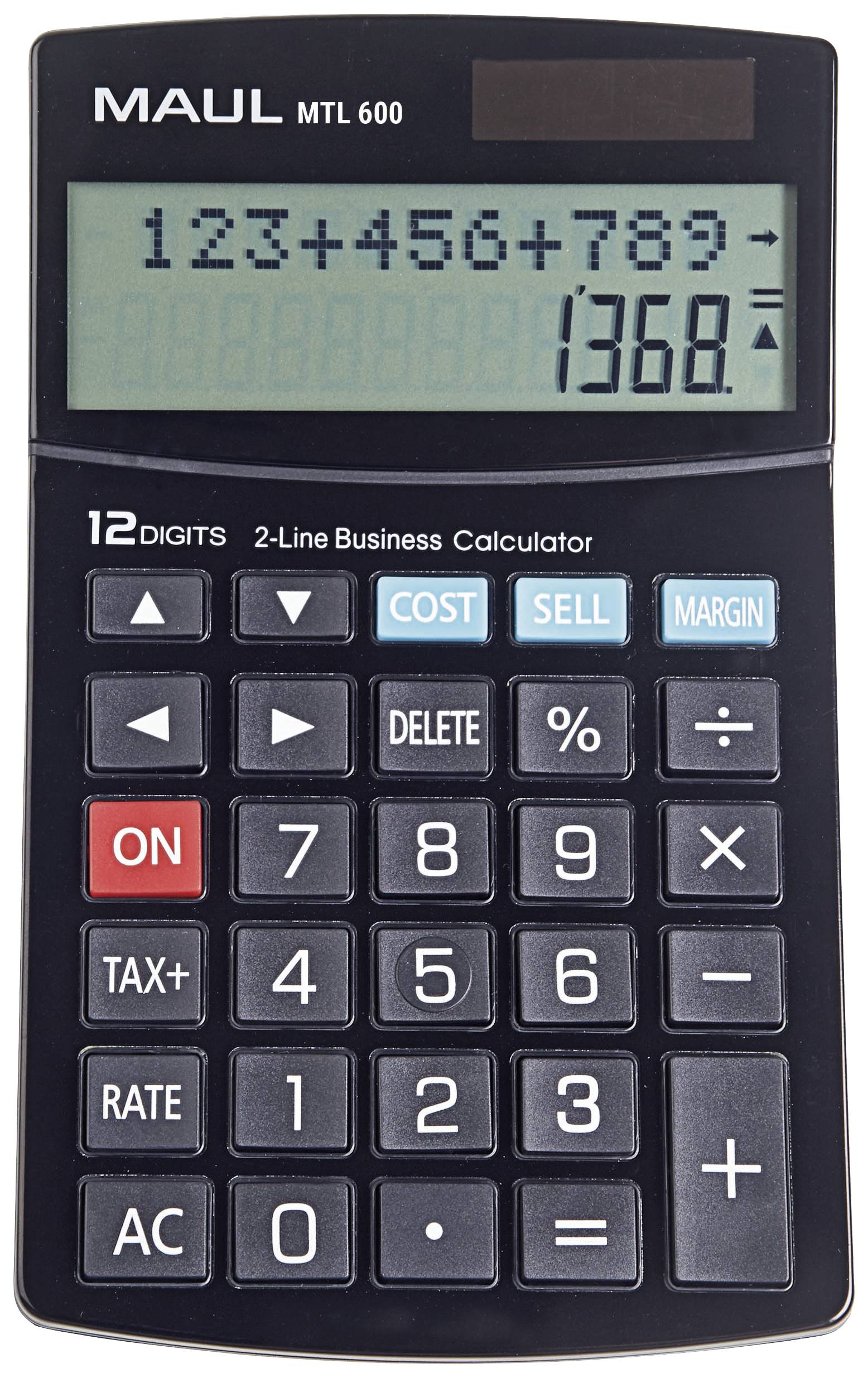 Une calculatrice affiche le calcul '123 + 456 + 789 =' avec le résultat '1368' sur l'écran, avec des touches de fonction en dessous.
