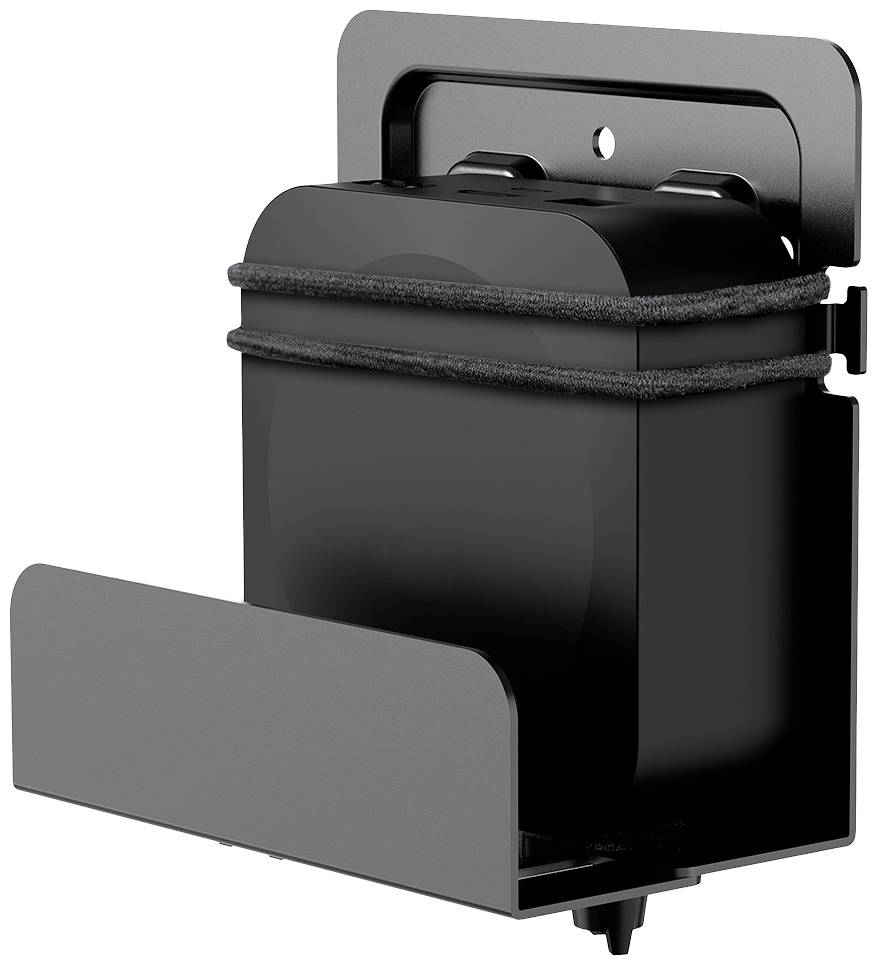 Un distributeur de savon noir, fixé au mur, au design minimaliste. Le distributeur présente un avant rectangulaire et une ouverture sur le côté.