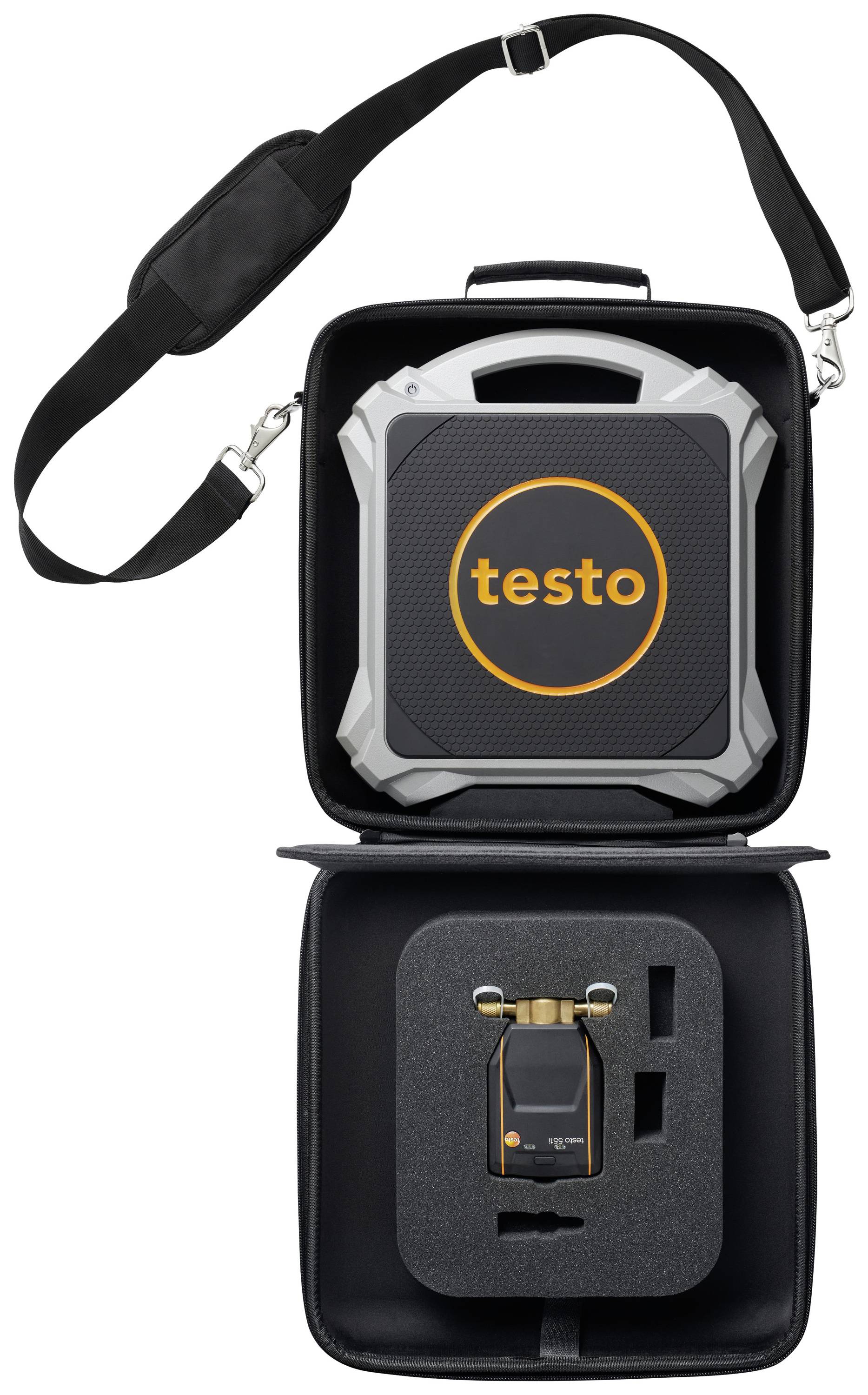 Une valise noire avec bandoulière, ouverte. À l'intérieur, un appareil avec le logo 'testo' et un compartiment pour un instrument plus petit.