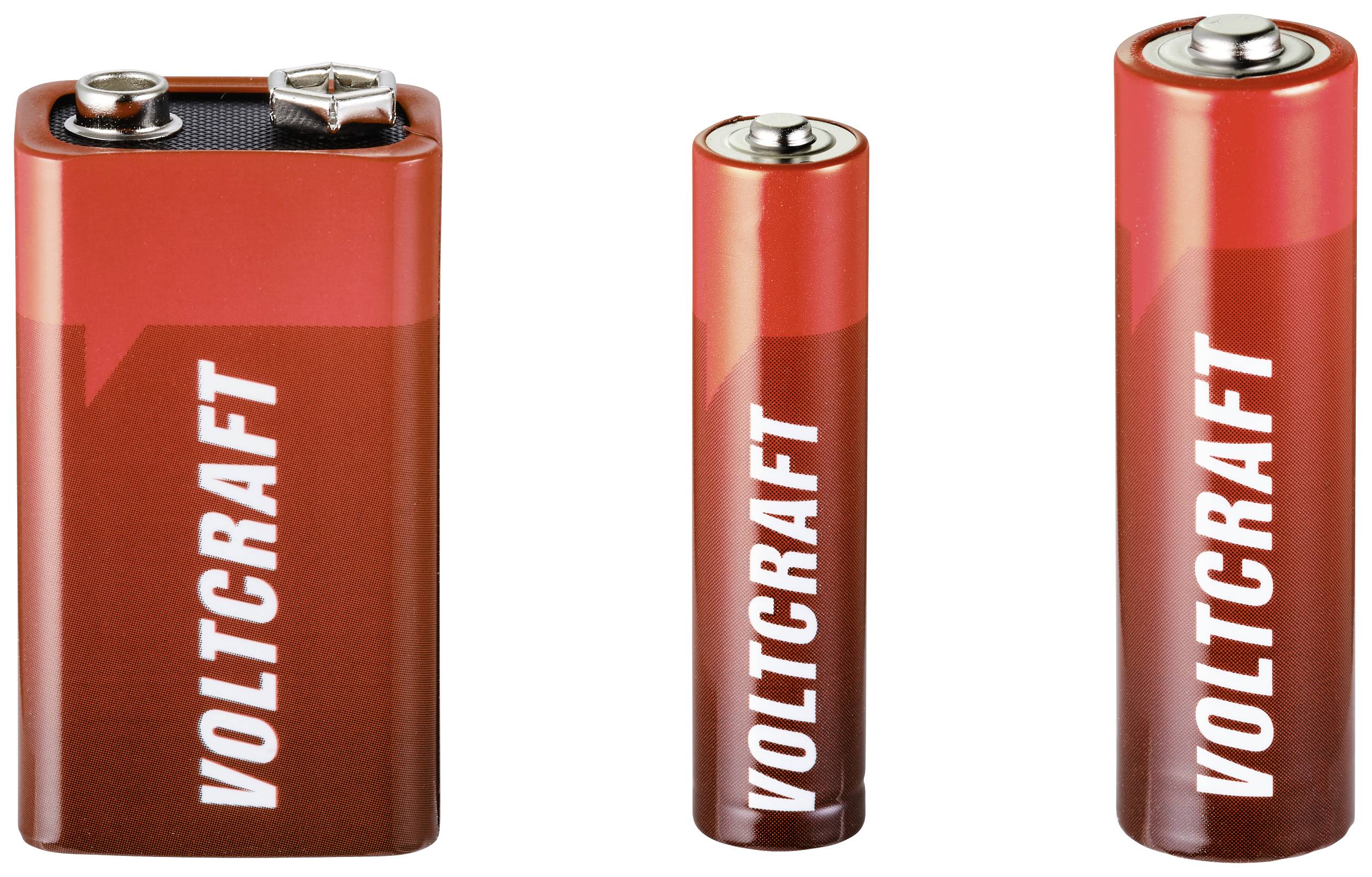 Trois batteries de différentes tailles et formes en rouge portant l'inscription 'VOLTCRAFT'. À gauche : pile rectangulaire, au centre et à droite : piles cylindriques.
