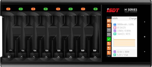 Chargeur de piles rondes ISDT N8 NiMH, NiCd, NiZn, Li-ion, LiHV, LiFePO LR6 (AA), LR03 (AAA), 14500, 10440
