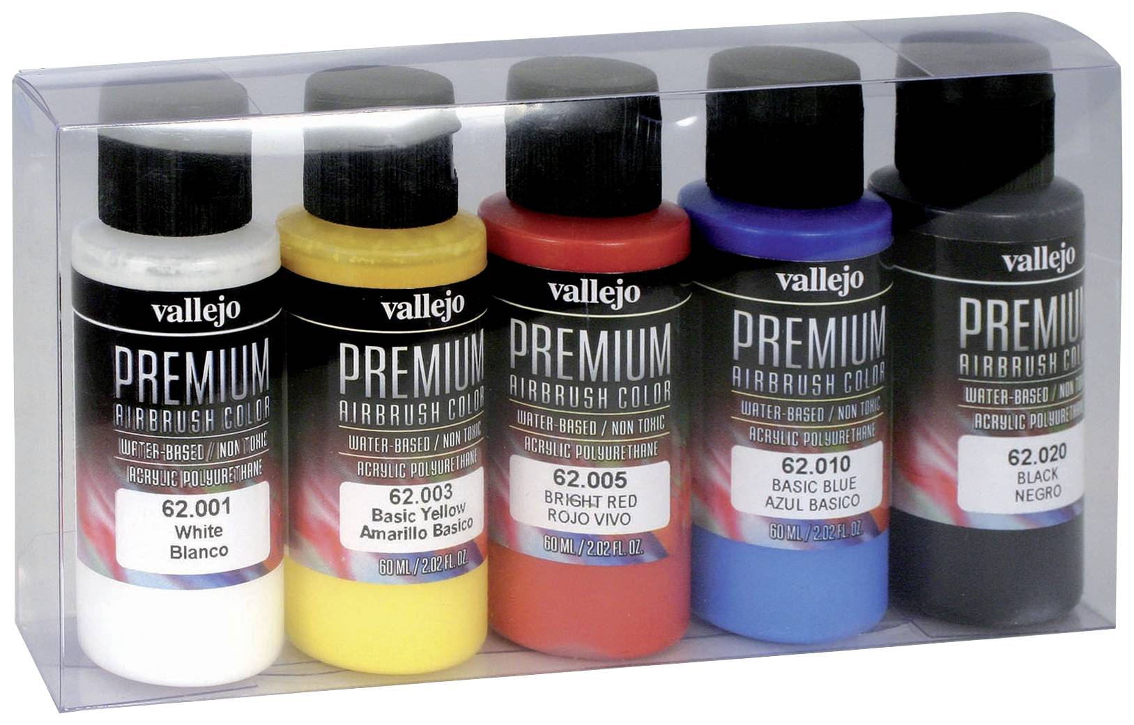 Ensemble de cinq couleurs acryliques Airbrush en emballage transparent. Couleurs : Blanc, Jaune, Rouge, Bleu, Noir. Marque : Vallejo Premium.