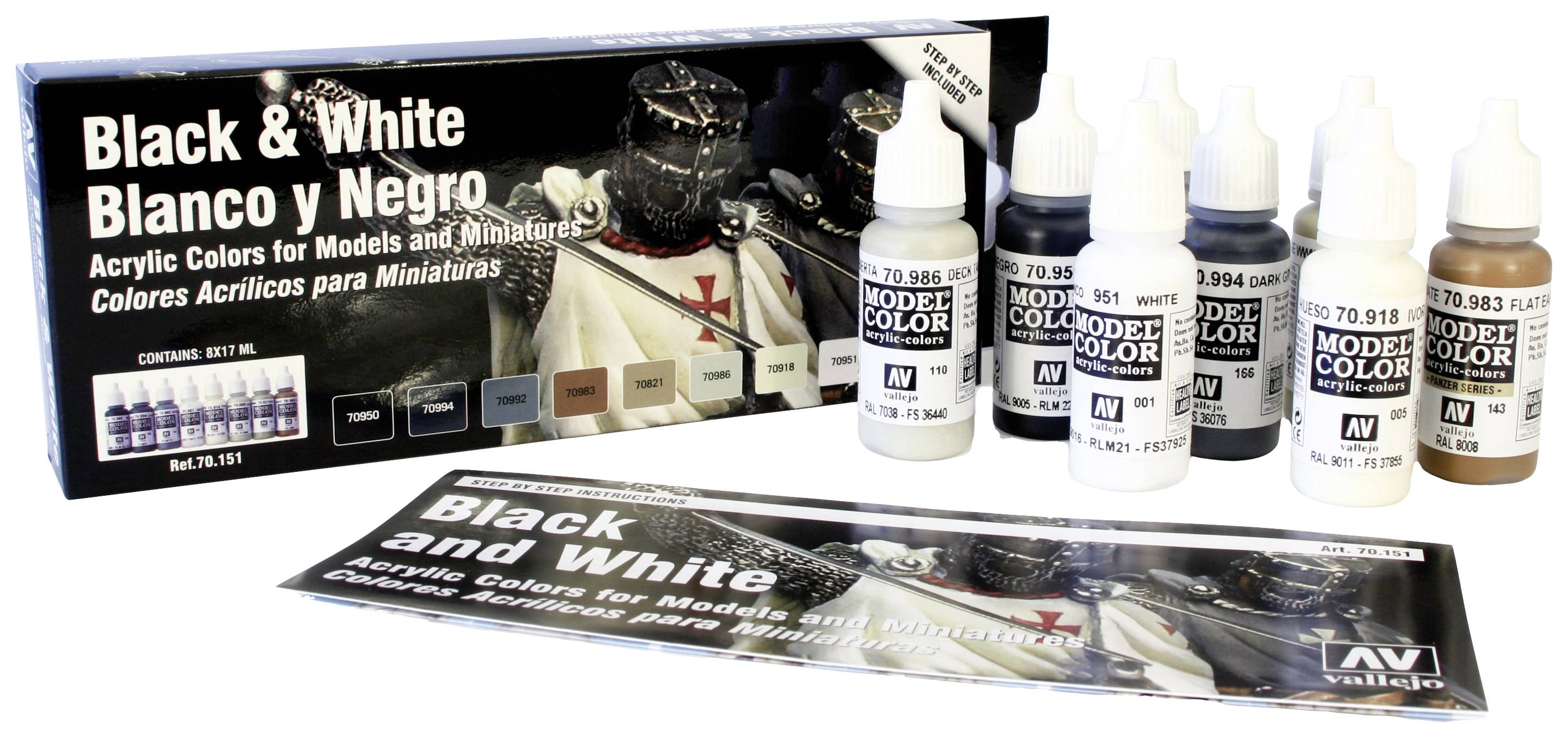 Ensemble de peintures acryliques Model Color Noir & Blanc pour modèles et figurines, comprenant cinq flacons de différentes nuances et description.