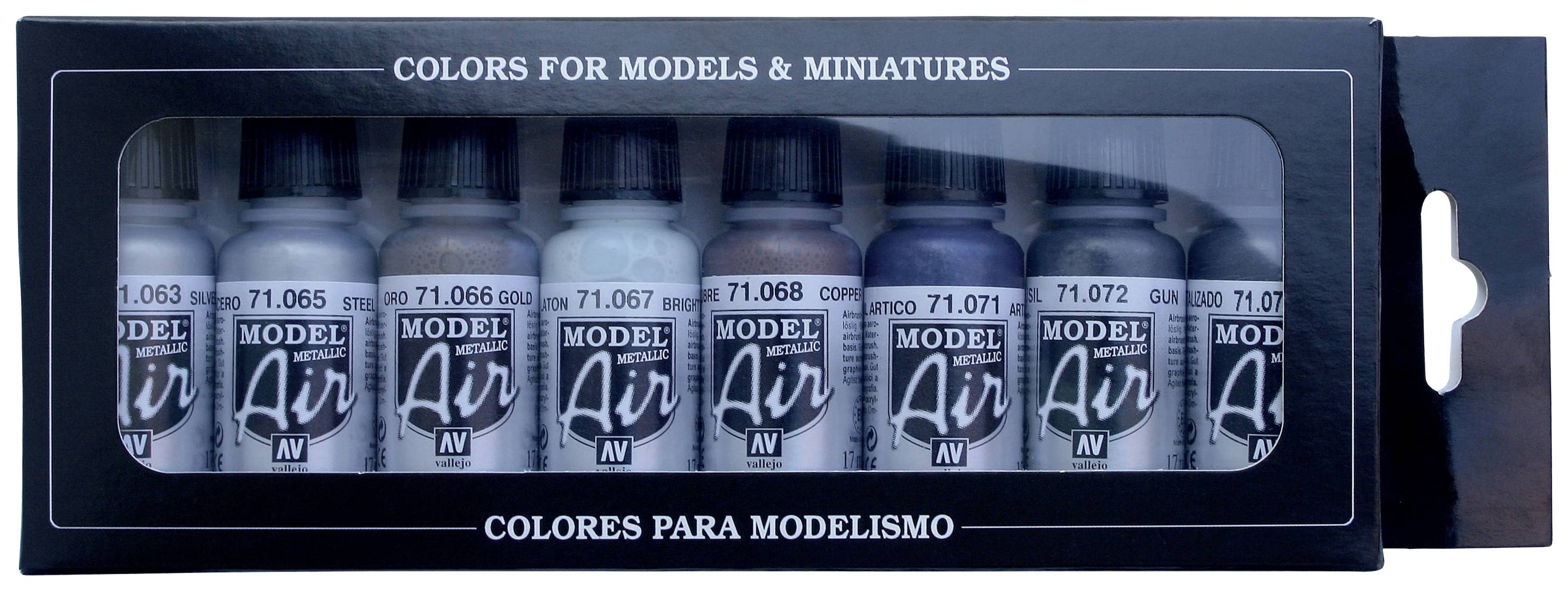 Ensemble de peintures pour modèles et miniatures dans différentes teintes. L'emballage présente huit flacons étiquetés Model Air.