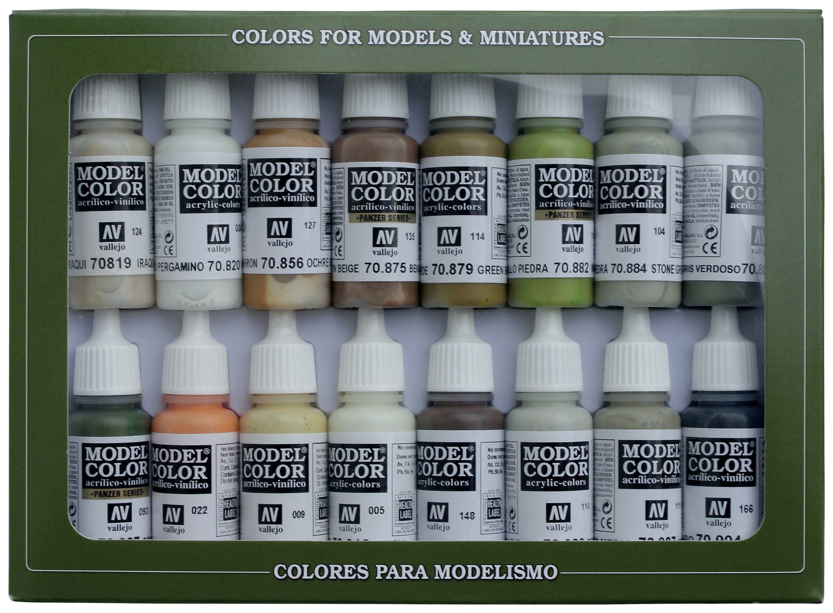 Une boîte contenant 16 flacons de peinture acrylique pour modèles et figurines, avec différentes nuances de couleurs, portant l'inscription « Colors for Models & Miniatures ».
