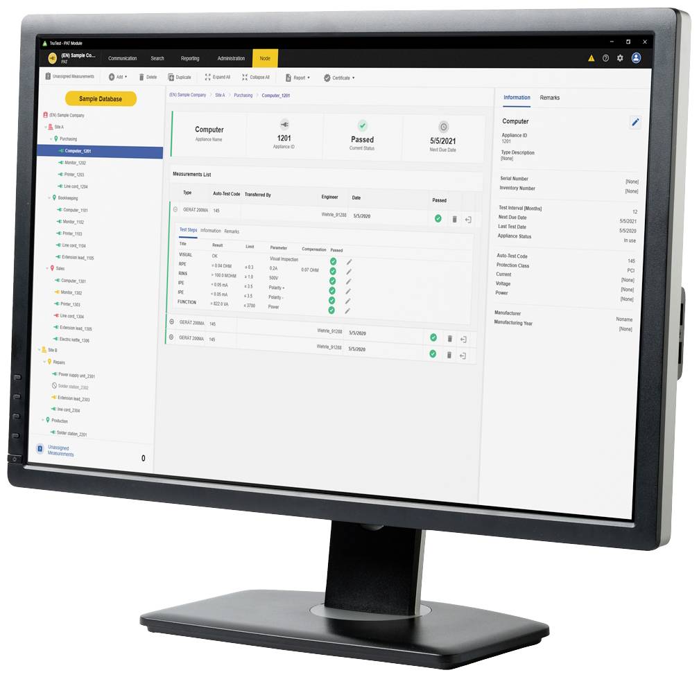 Un écran affiche l'interface logicielle de surveillance des détails de service, comprenant le statut de l'ordinateur, la date de vérification et les informations utilisateur.