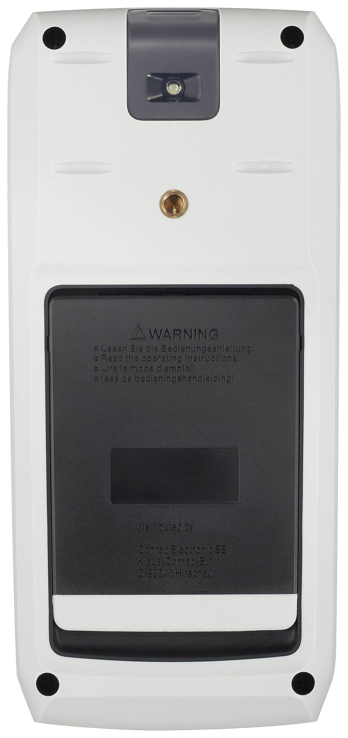Verso d'un appareil électronique avec un compartiment à piles et des avertissements en haut. Couvercle blanc, plaque arrière noire, vis visibles.