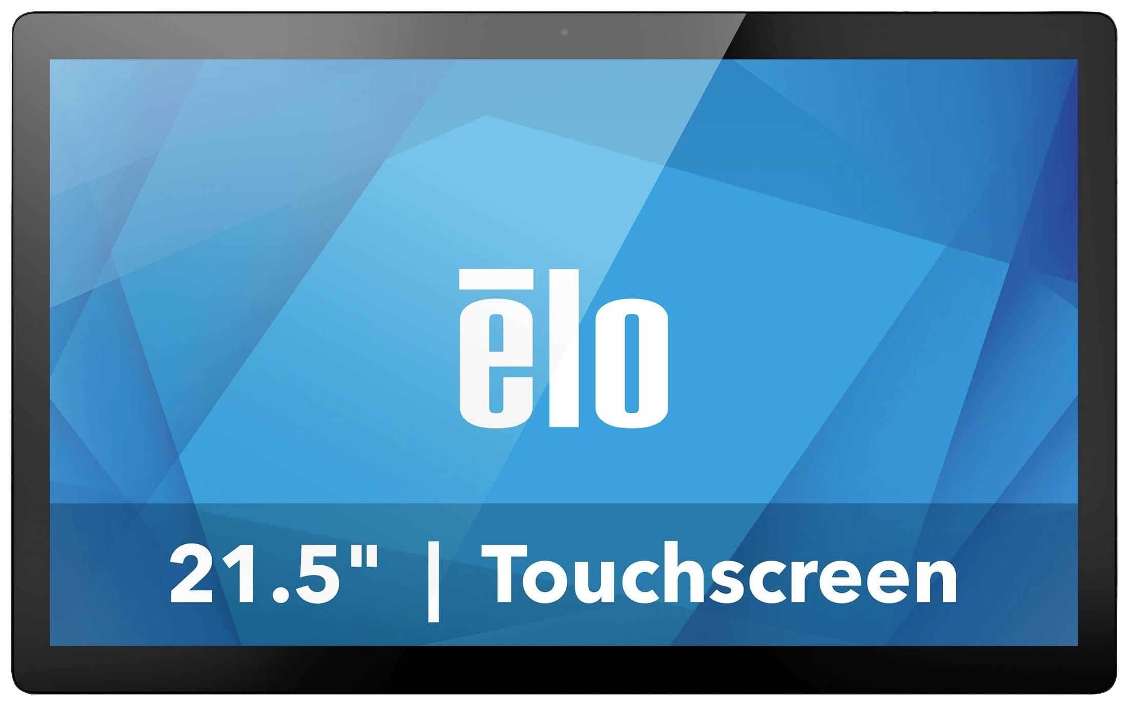 Un écran tactile de 21,5 pouces d'Elo avec un graphique de fond géométrique bleu et un logo de marque blanc au centre.