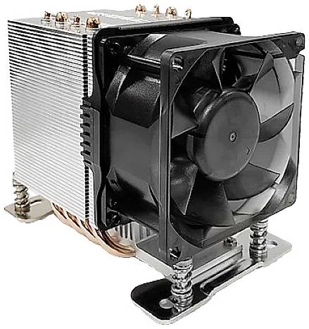 Un ventilateur d'ordinateur noir avec un dissipateur thermique en métal, monté sur un support. Se trouve dans une position de repos.