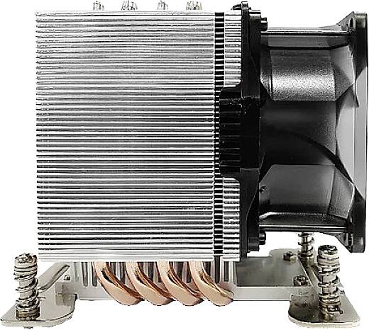 Dissipateur thermique avec ventilateur, ailettes en aluminium et tubes en cuivre pour l'évacuation de la chaleur, monté sur une base métallique.
